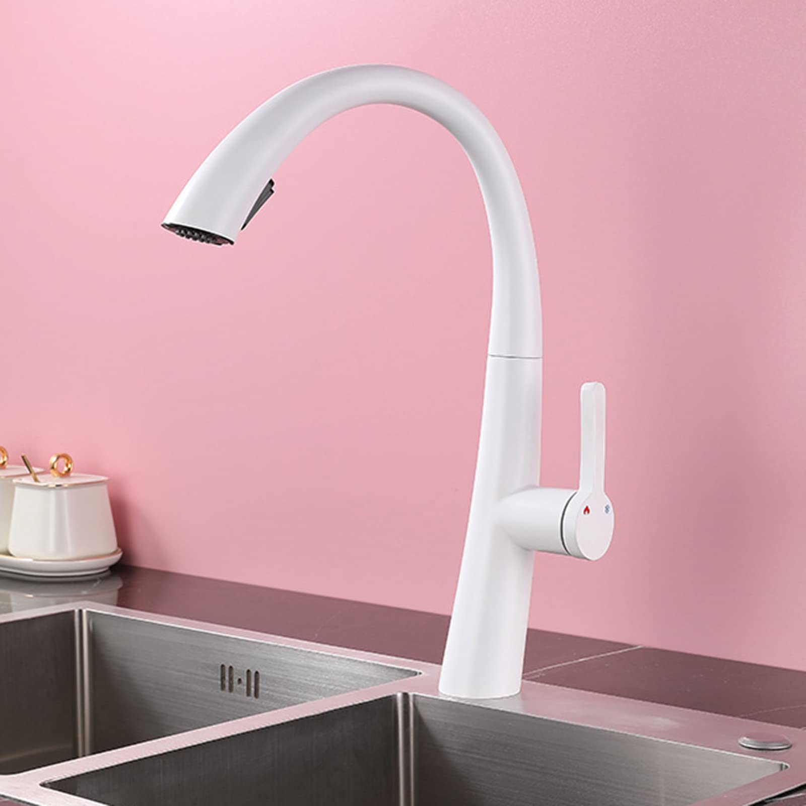 Stainless Steel Pull Down Kitchen Faucet with Sprayer - White Modern Water Saving Mixer Tap for Sink | Perfect for Cooking, Washing Dishes & Filling Pots