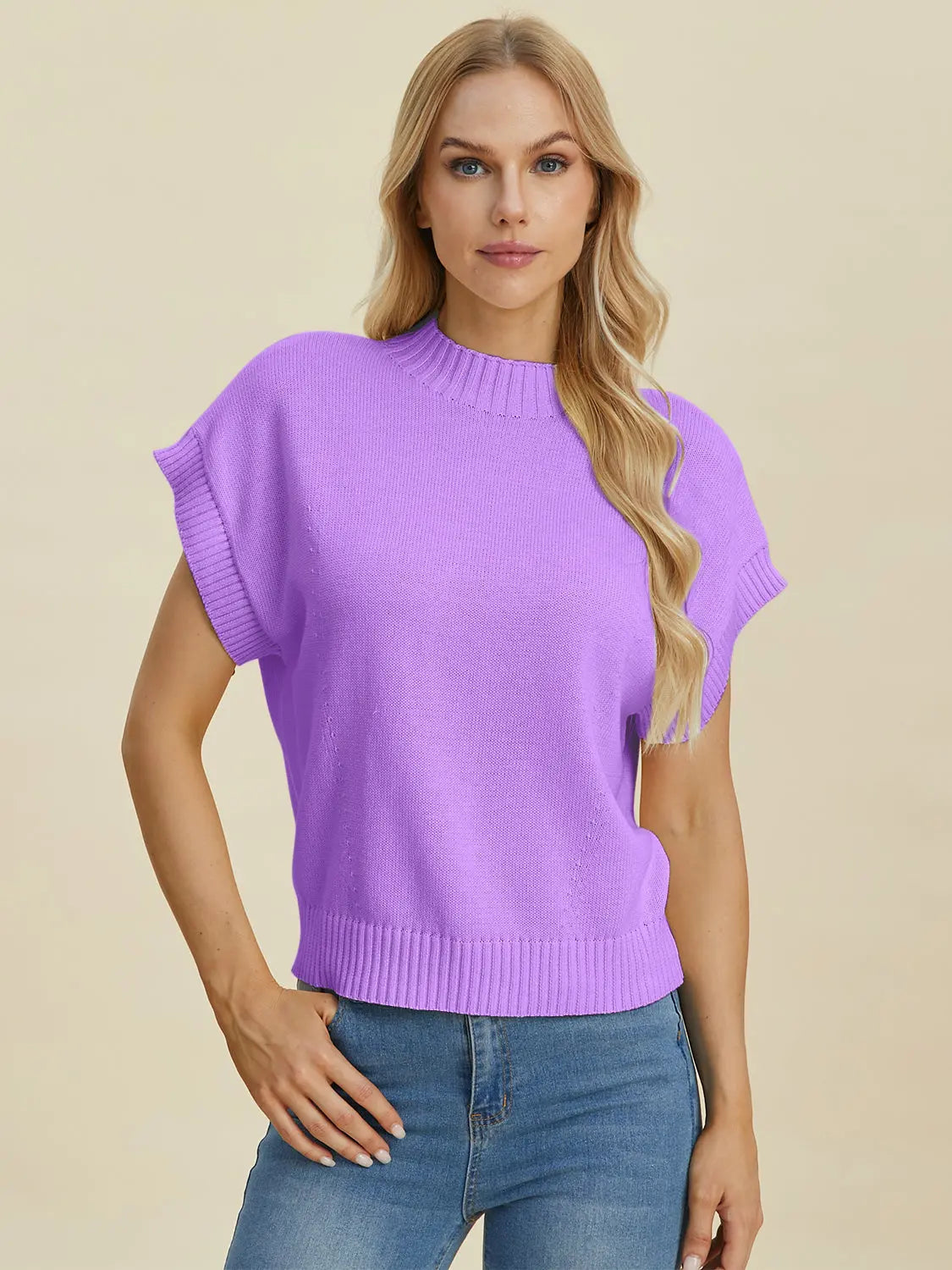 Double Take Full Size Mock Neck Short Sleeve Sweater for Women - Soft Knit Pullover Top for Casual Wear & Office Outfits | Perfect for Fall & Winter Layering