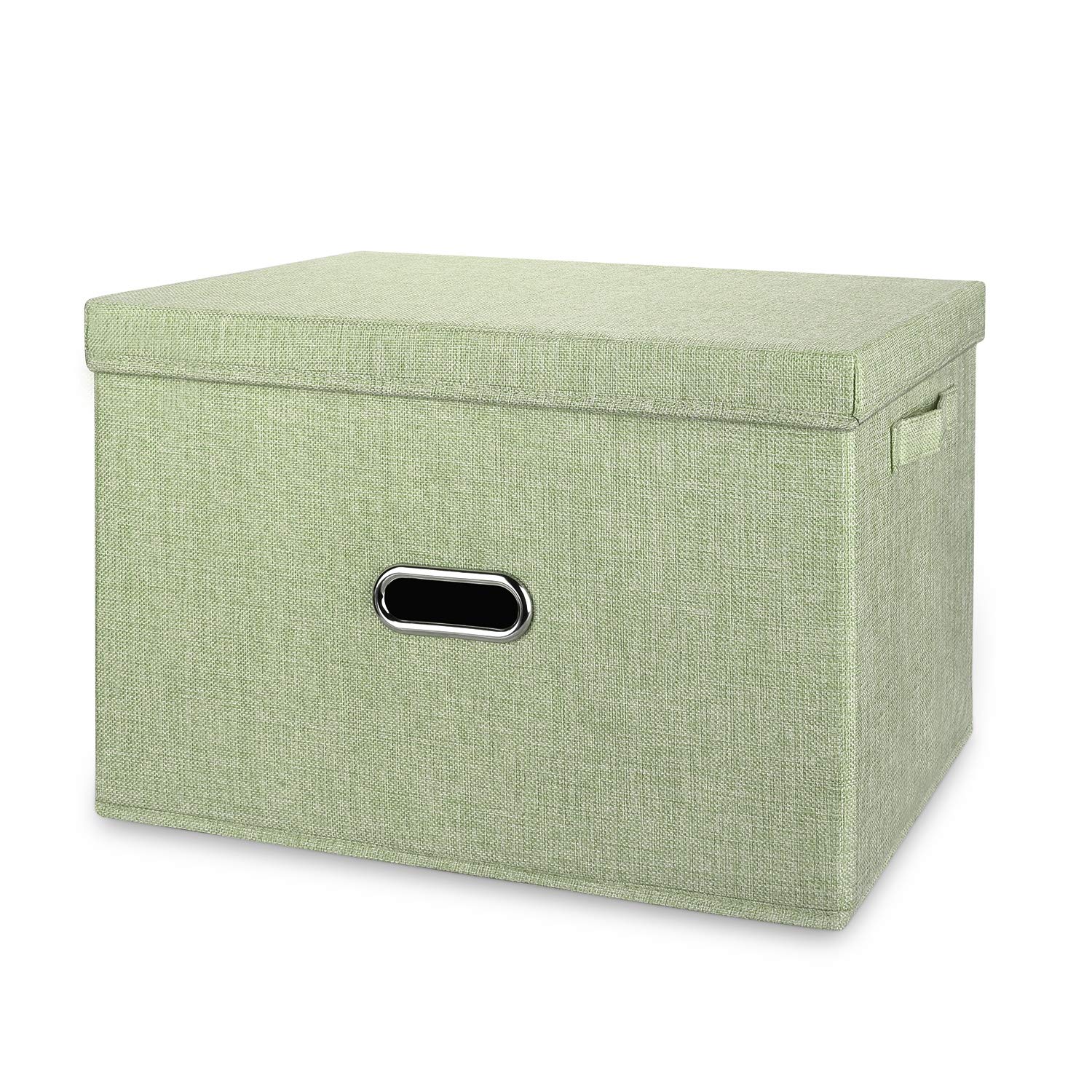 Large Washable Linen Collapsible Storage Bins with Removable Lids & Handles - Foldable Fabric Storage Box Organizer for Bedroom, Closet, Office, Nursery & Living Room | Space-Saving Home Organization Solution (Green, Large)