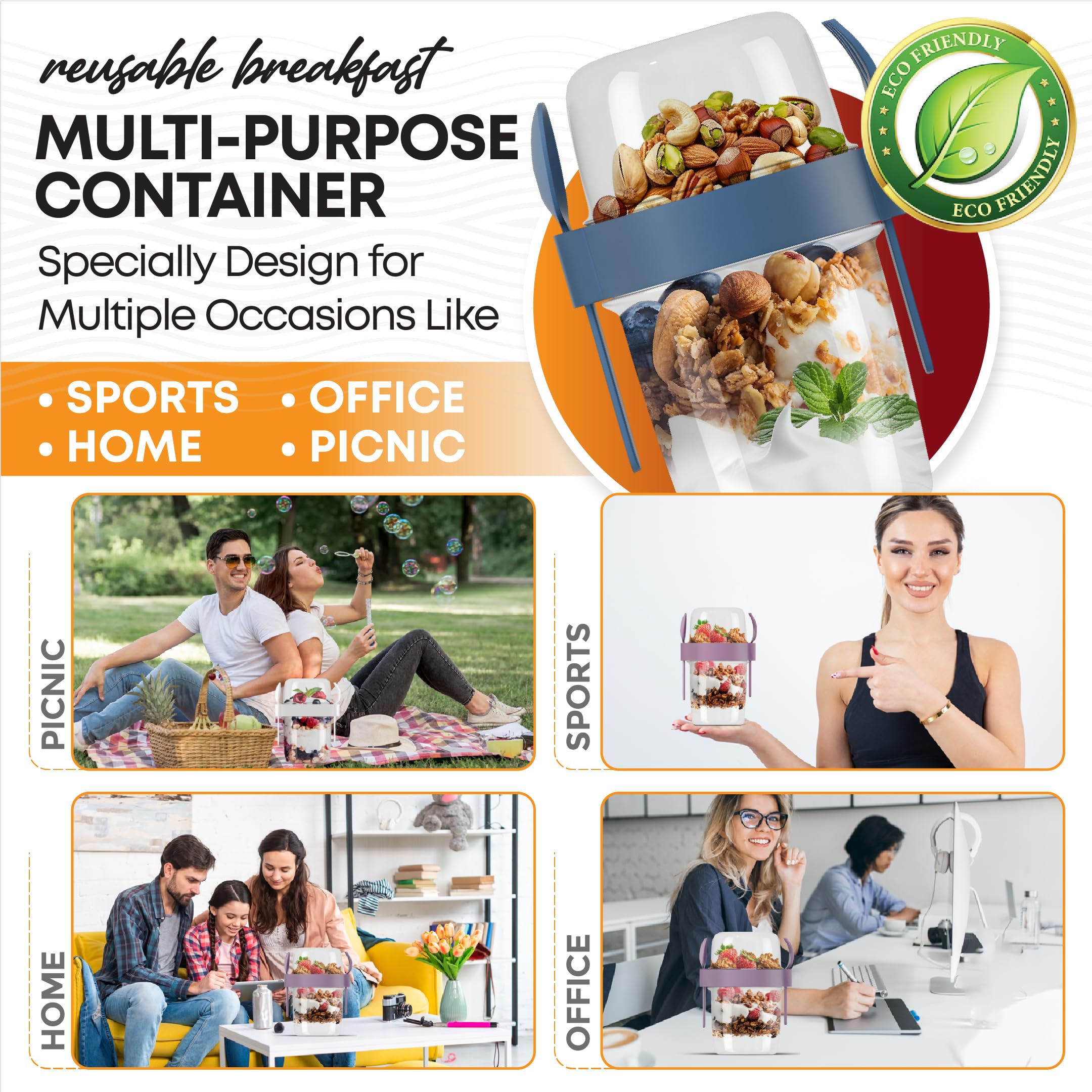 4-Pack Reusable Yogurt Parfait Cups with Lids & Spoons - 22oz (650ml) Portable Breakfast Containers for Oatmeal, Fruit & Toppings - Perfect for Meal Prep, Office Lunch & On-the-Go Snacks - BPA-Free Plastic Food Storage Containers