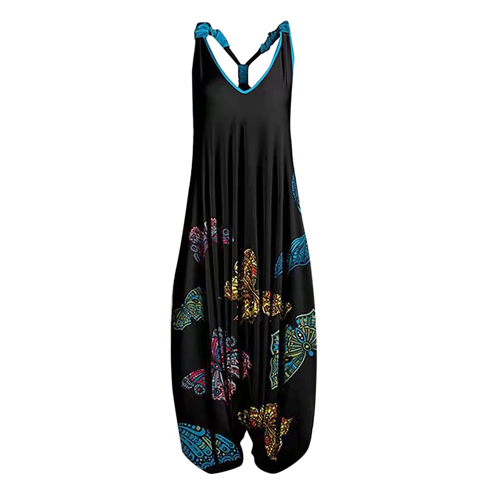 Vintage Women's Casual Sleeveless Strappy Backless Graphic Jumpsuit - Loose Fit Denim Overalls for Women | Perfect for Summer Outings, Music Festivals & Boho Chic Style