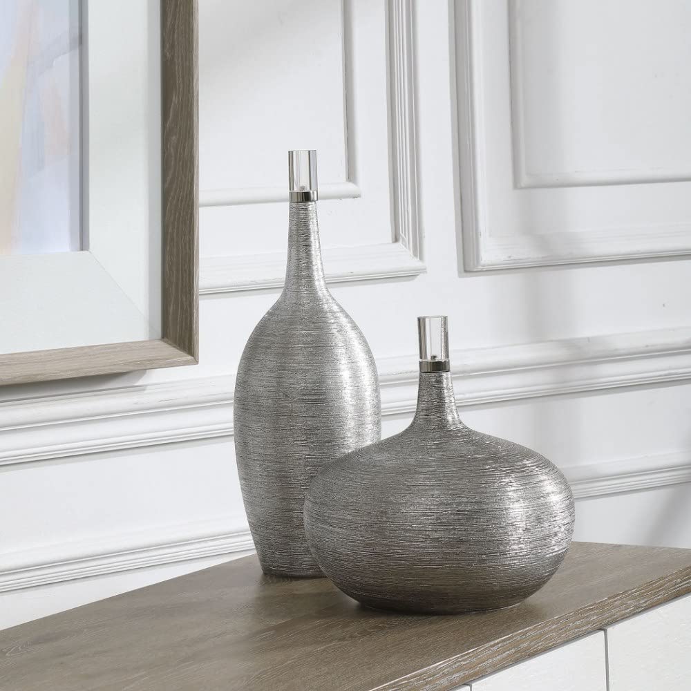 Uttermost Gatsby Silver Leaf Decorative Bottles Set of 2 - Elegant Home Decor for Living Room, Dining Table & Shelf Display