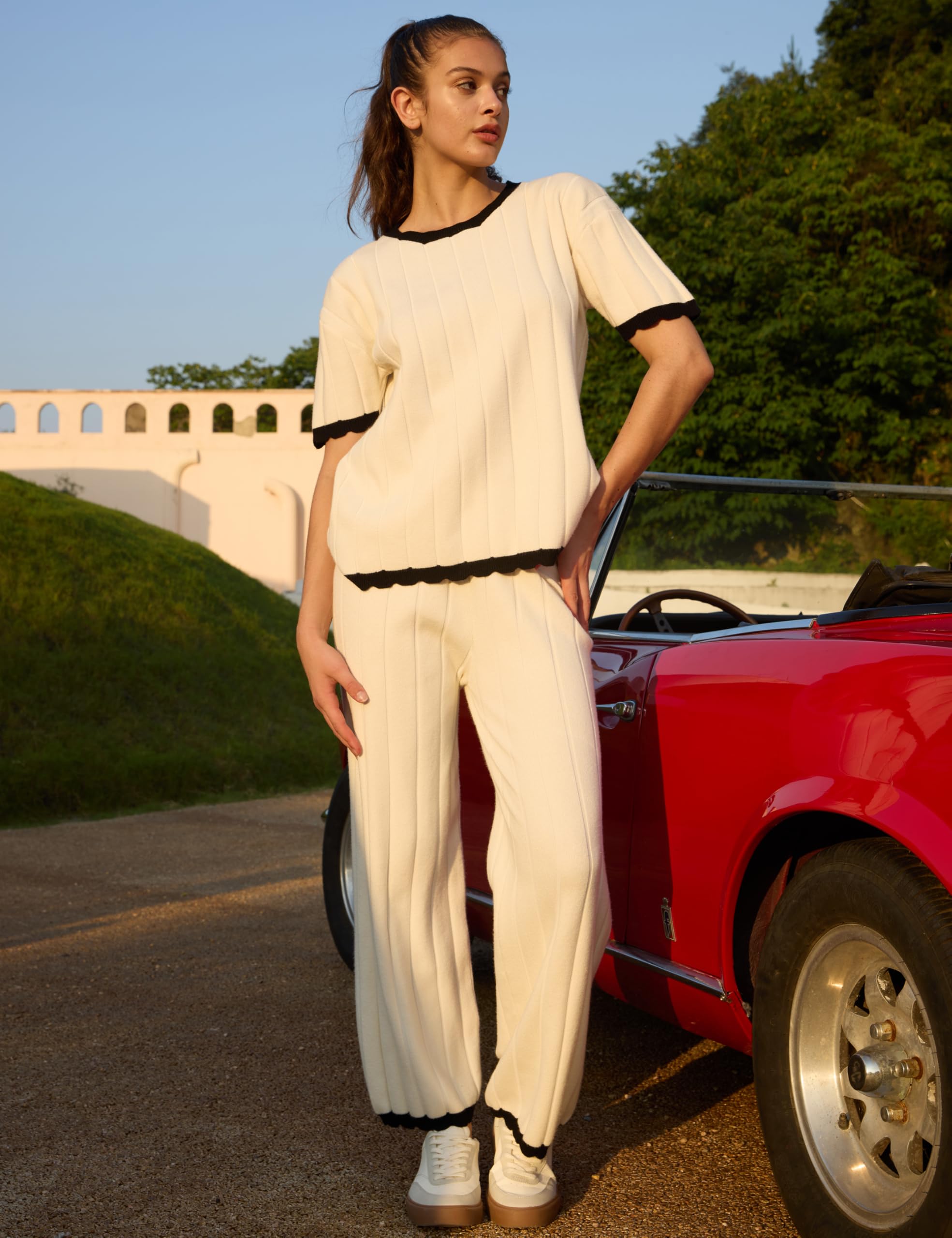 Women's Lumister Two Piece Sweater Set - Short Sleeve Knit Pullover Top & Wide Leg Lounge Pants | Casual Outfit, Home Wear, Relaxing Comfort