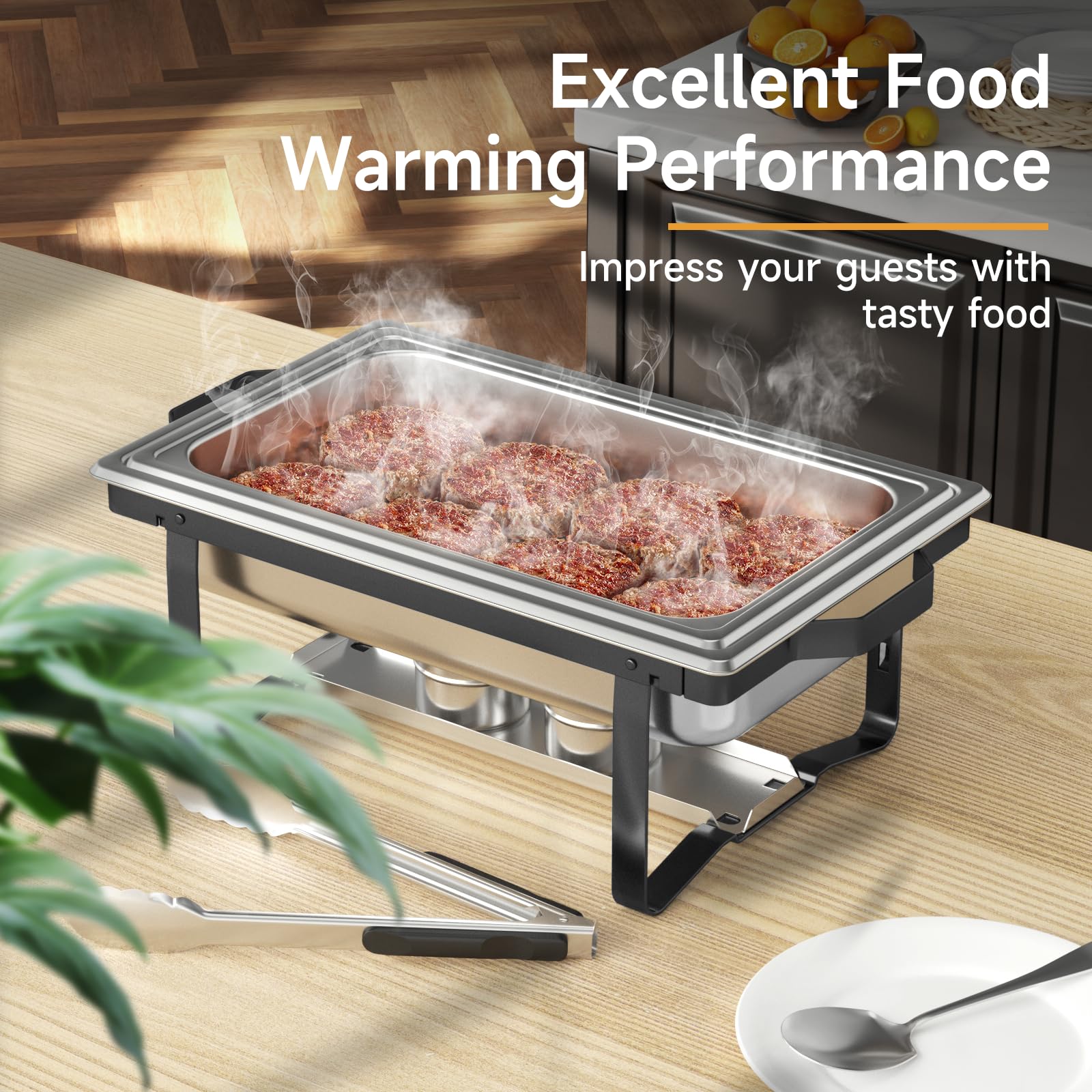 4-Pack 9.5QT Stainless Steel Chafing Dish Buffet Set with Gray Handles - Professional Catering & Buffet Serving Equipment for Parties, Weddings, and Events (Black)