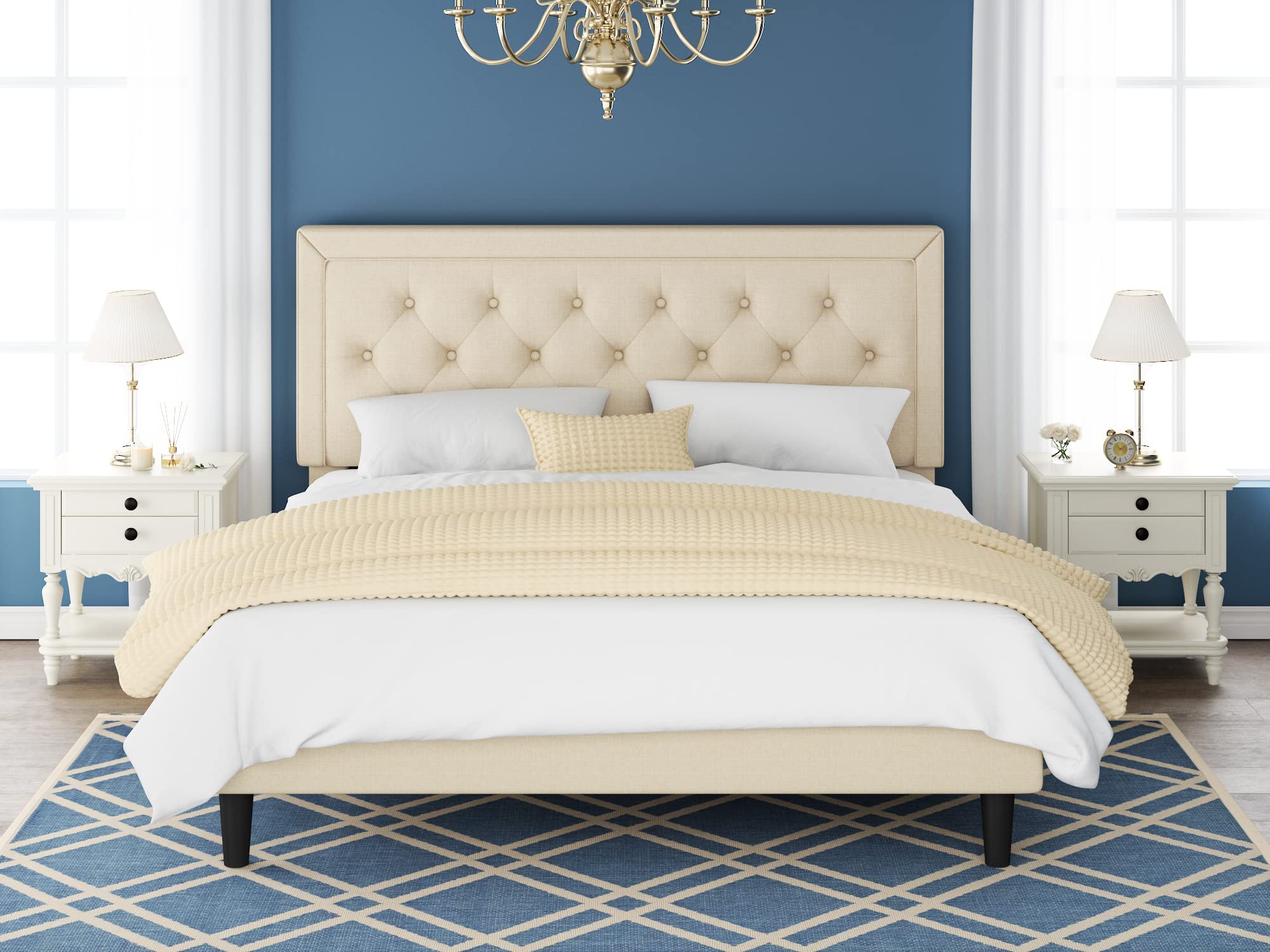 Brecocoon Full Size Upholstered Platform Bed Frame with Adjustable Tufted Headboard - Wood Slat Support, No Box Spring Needed, Easy Assembly, Beige - Perfect for Modern Bedrooms, Guest Rooms & Small Spaces