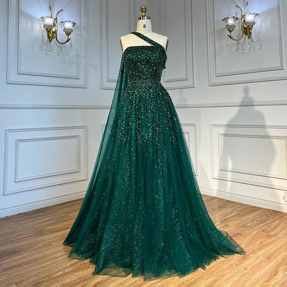 Elegant Navy Blue One Shoulder Cape Sleeve Evening Gown with Beaded Details - A-Line Formal Dress for Women 2025 | Perfect for Prom, Gala, Wedding & Special Occasions