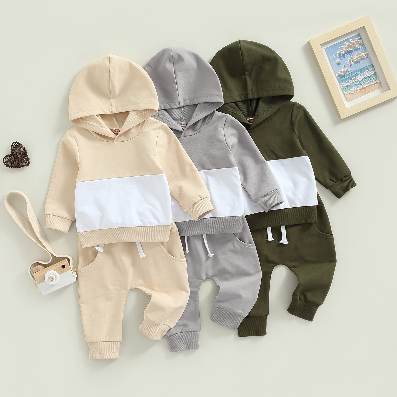 Boys' Patchwork Sweatshirt & Solid Pants Outfit - Long Sleeve Hooded Toddler Clothes Set for Fall Winter | Playdate & Preschool Essentials