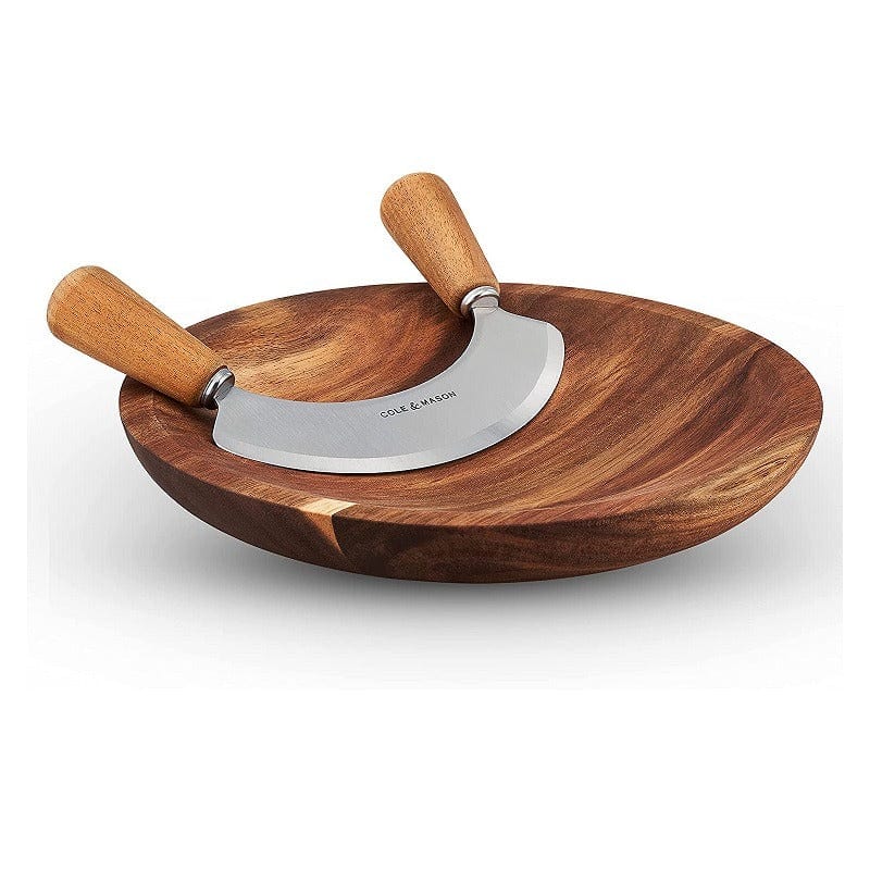 Premium Ashden Acacia Wood Mezzaluna Knife with Cutting Board - Perfect for Chopping Herbs, Vegetables & Pizza - Ideal for Kitchen, Camping & Outdoor Cooking