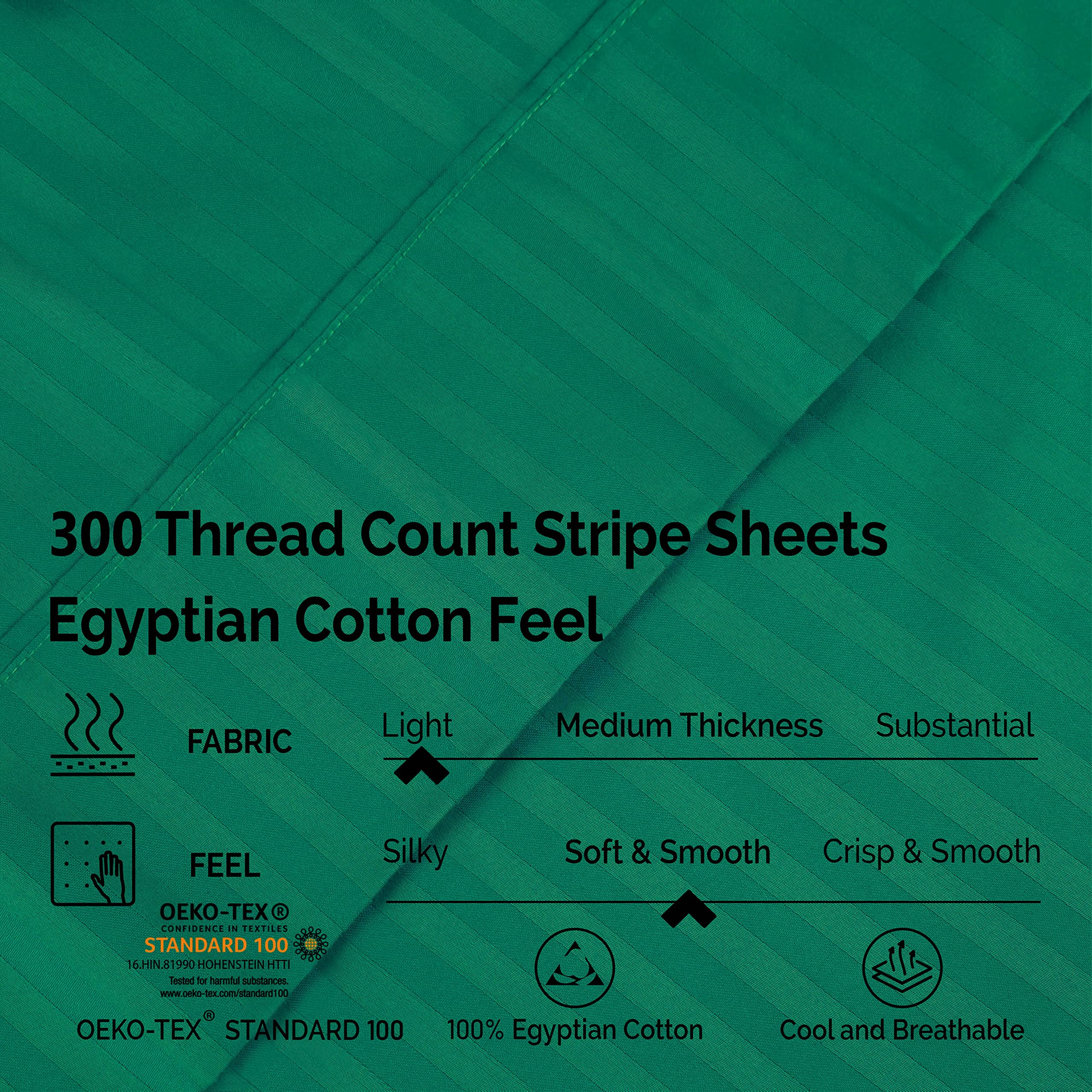 Premium 300-Thread Count Striped King Size Sheet Set - 100% Long-Staple Cotton Bed Sheets in Hunter Green - Soft & Breathable for Ultimate Comfort - Perfect for Master Bedroom, Guest Room, or Luxury Hotel Use