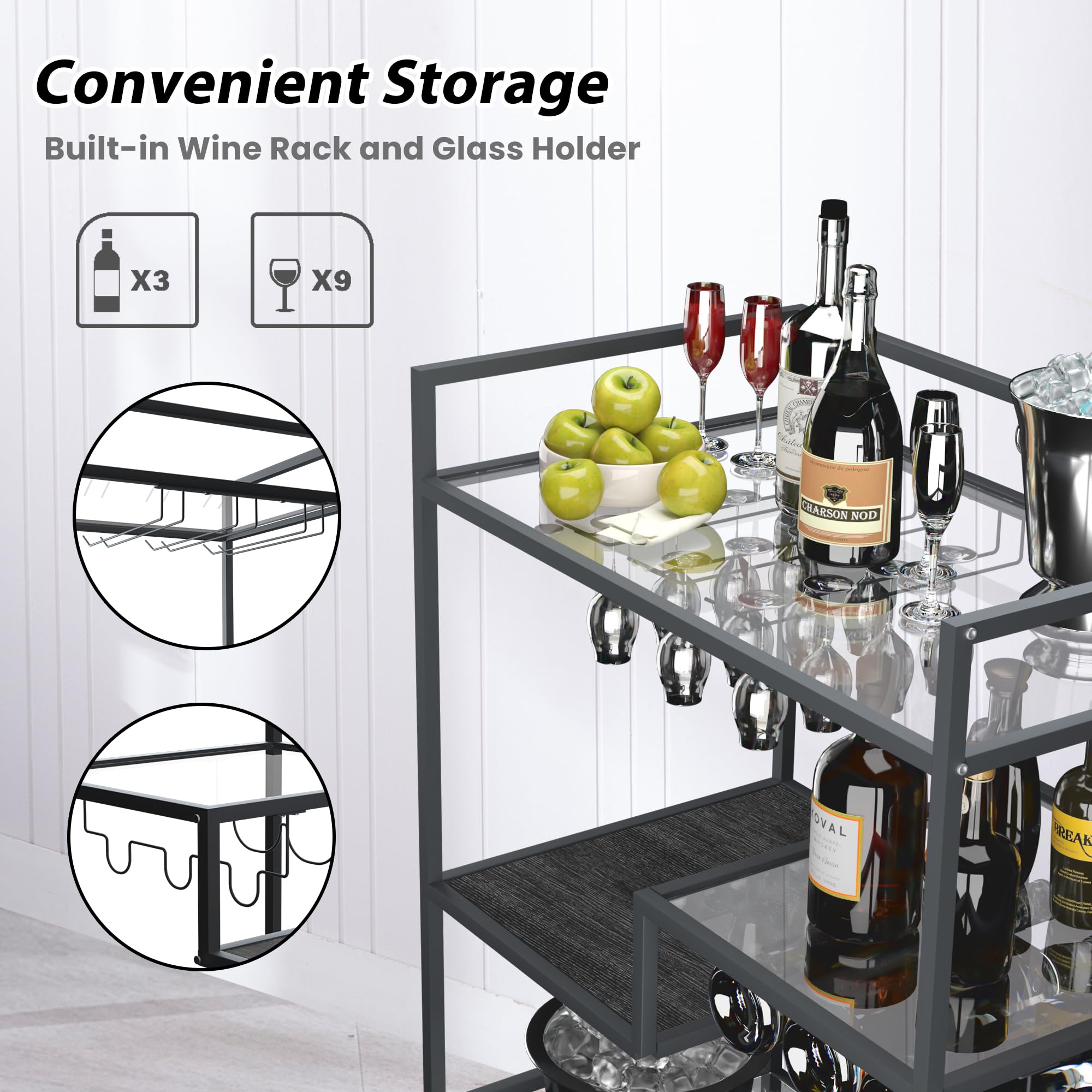 SULIVES 4-Tier Black Bar Cart with Wheels - Rolling Serving Cart with Wine Rack & Tempered Glass Holder - Lockable Mobile Bar Cabinet for Kitchen, Dining Room, Party, Home Bar, Office or Outdoor Entertaining