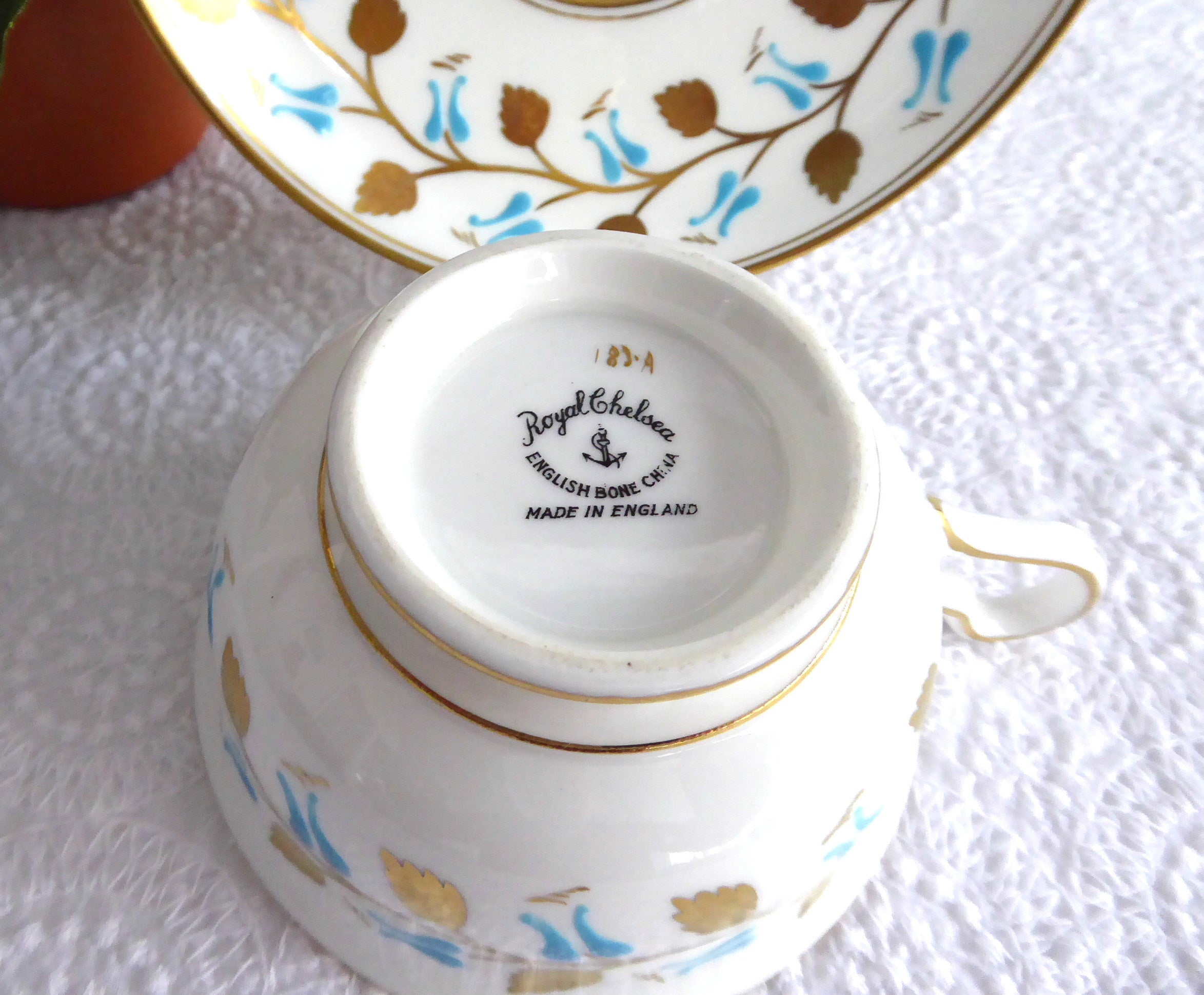 Vintage Royal Chelsea England Hand Painted Gold Leaf Aqua Cup and Saucer Set - 1950s Fine China Tea Set for Afternoon Tea, Collectible Antique Tableware