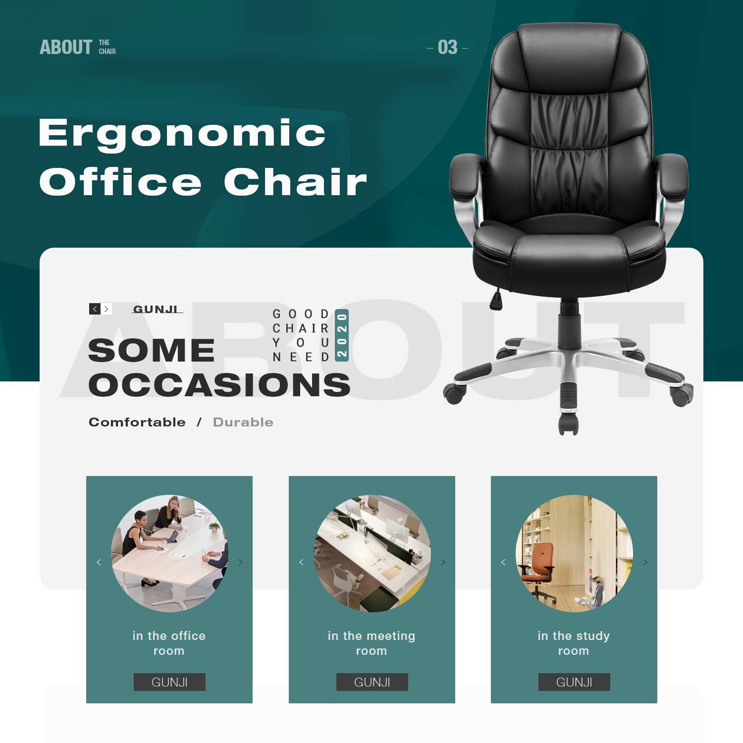 GUNJI Ergonomic Office Chair - High Back PU Leather Executive Desk Chair with Adjustable Height, Swivel & Lumbar Support - Modern Computer Chair for Home & Office Workspace (Black)