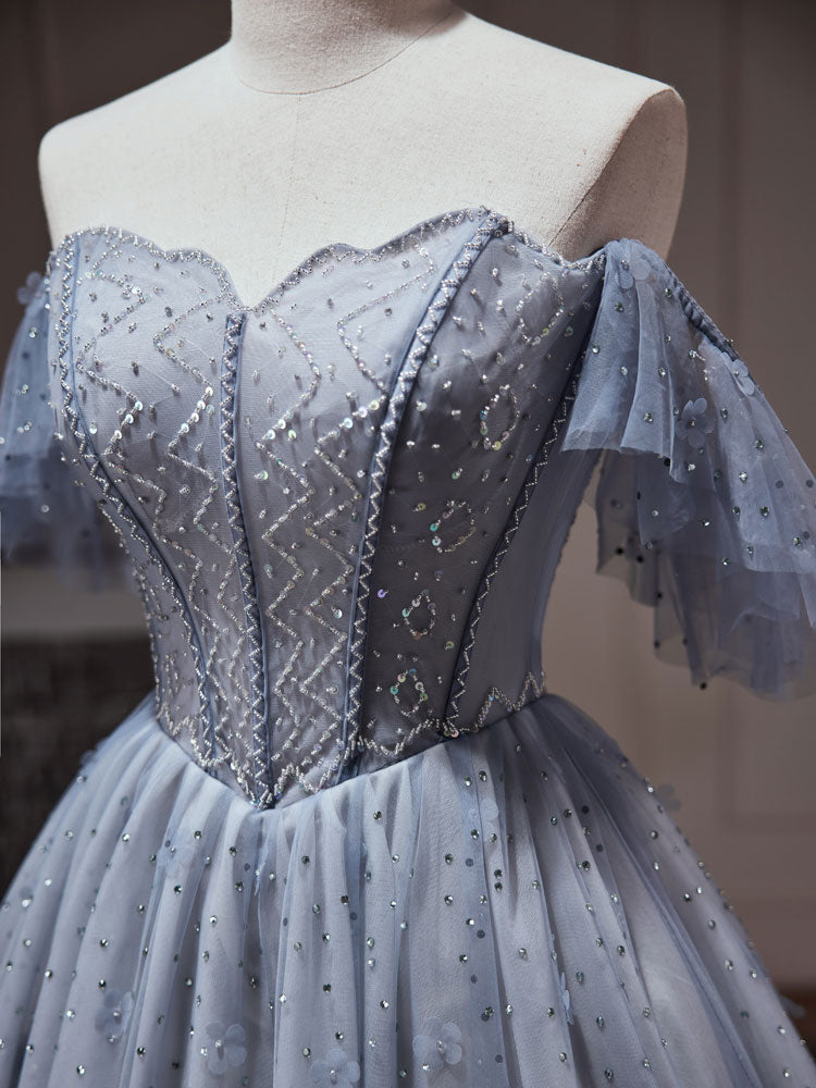 Elegant A-Line Gray Blue Tulle Short Prom Dress | Cute Homecoming Party Gown for Teens | Perfect for Dances, Formals & Special Occasions