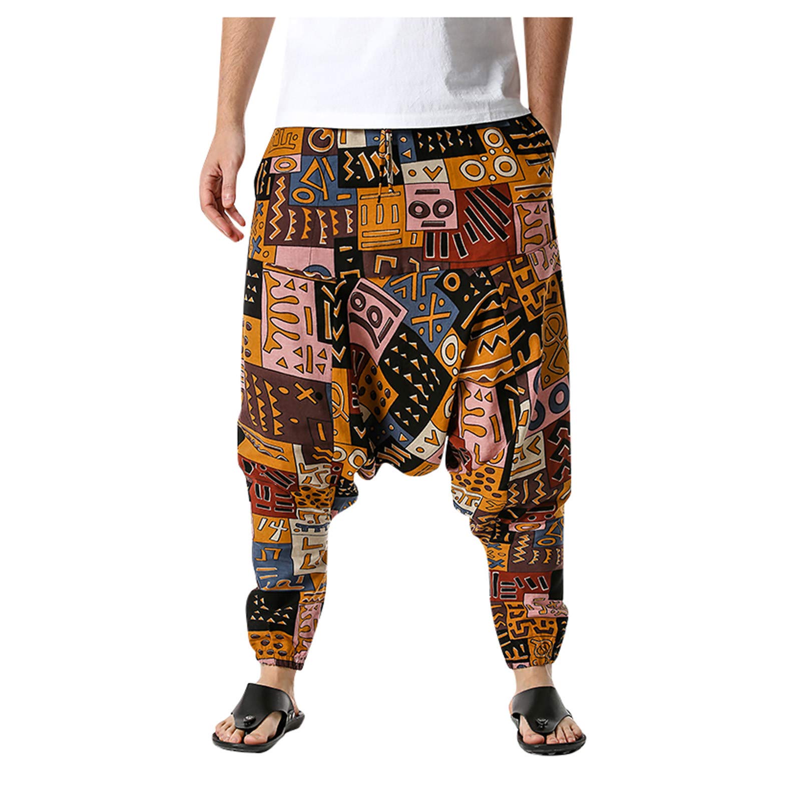 Men's Lightweight Cotton-Linen Casual Pants - Elastic Waist Loose Fit Harem Pants for Home & Lounge Wear - Black | Comfortable Elastic Waistband for Relaxing, Yoga & Sleep