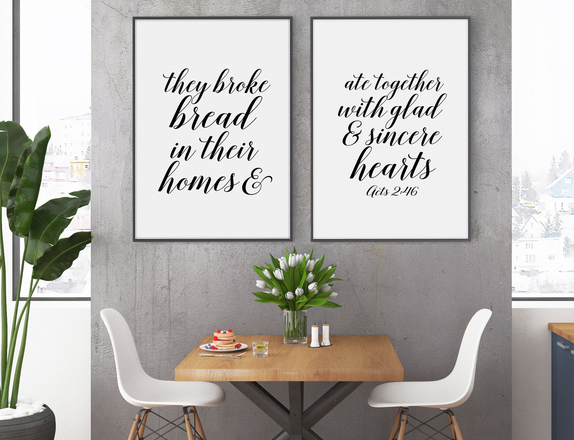 Acts 2:46 Bible Verse Wall Art - Set of 2 Christian Home Decor Prints for Dining Room & Kitchen - Farmhouse Style Scripture Artwork (24x36 Inches, Frames Not Included) - Perfect for Faith-Based Home Decor & Gift Giving