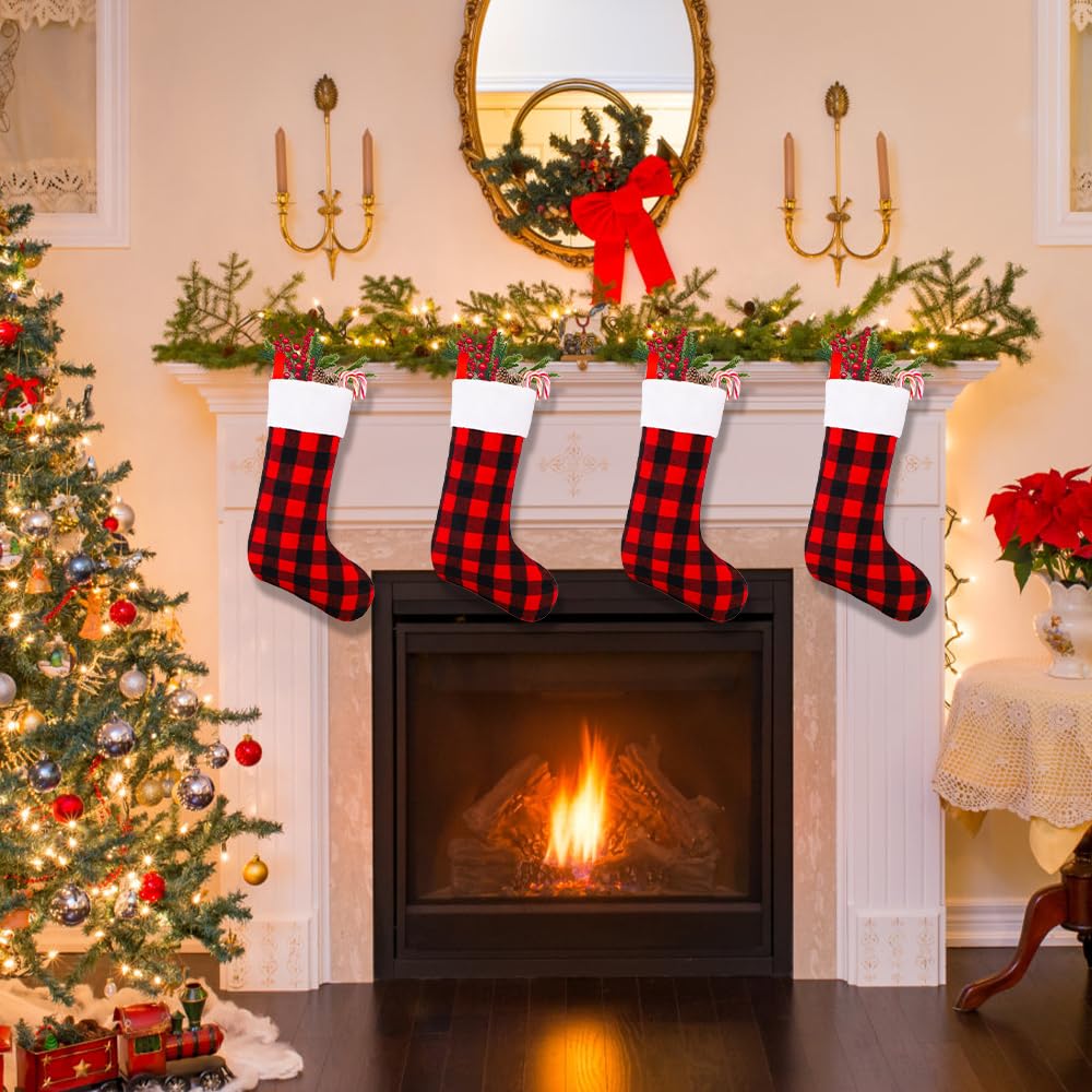 YUJUN 6 Pack 22 Inch Christmas Stockings - Large Buffalo Plaid Holiday Stockings in Black & Red for Fireplace, Tree & Party Decor | Perfect for Family Christmas Celebrations & Festive Home Decorations