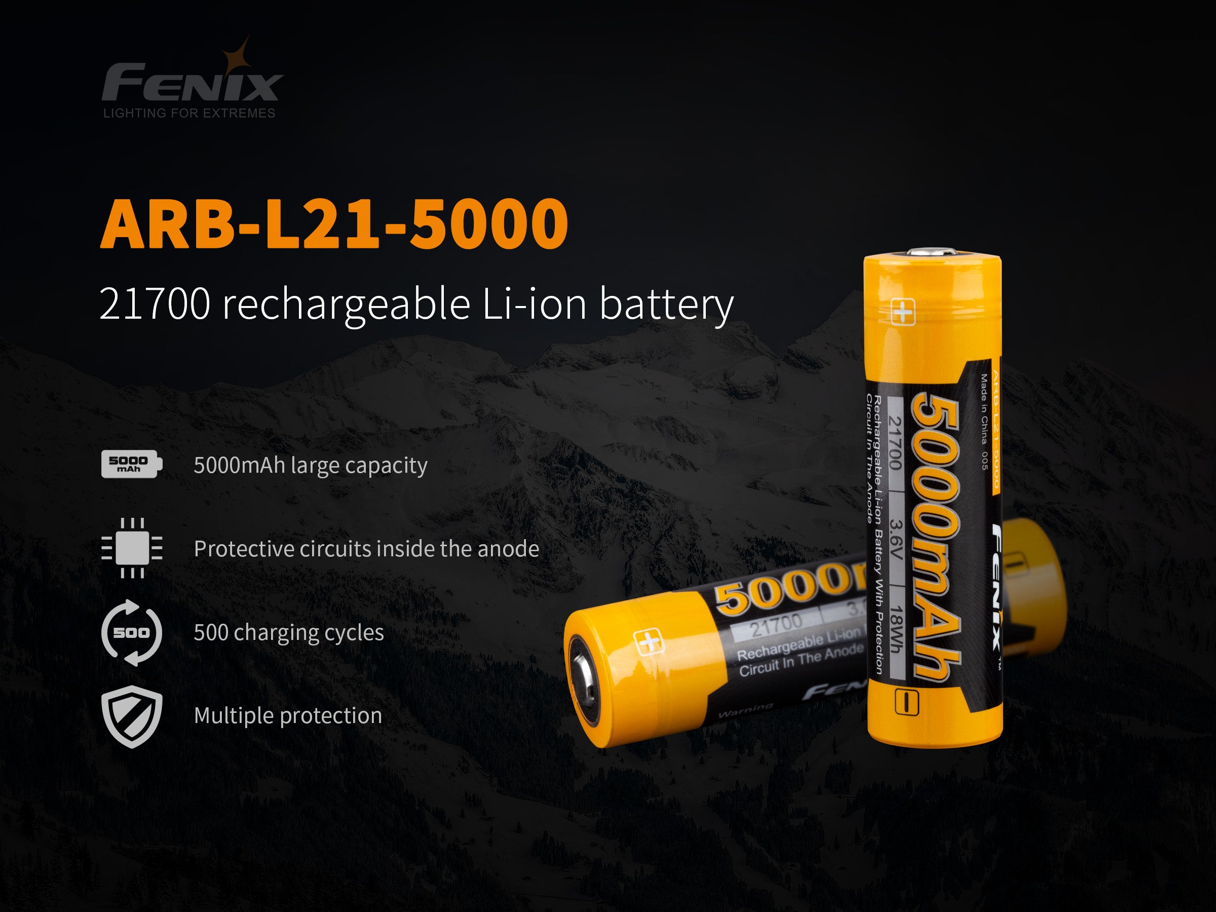 Fenix 21700 Rechargeable Li-ion Battery 5000mAh V2 - High Capacity Power for Flashlights, Headlamps & Outdoor Gear | Long Lasting USB-C Rechargeable Battery for Camping, Hiking & Emergency Preparedness
