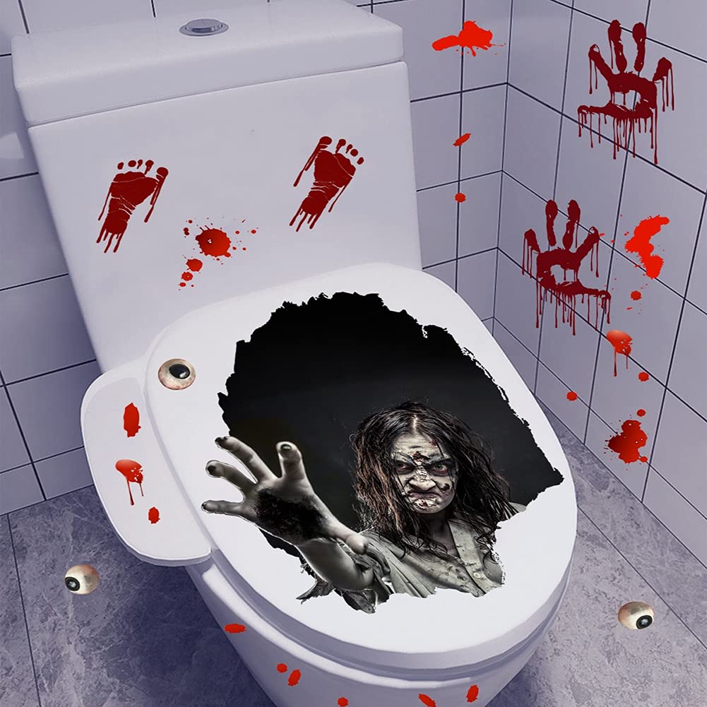 Patgoal Halloween Stickers - Scary Toilet Lid Decals with Witch, Blood Handprint, Eyes & Bats - Spooky Wall Decals for Living Room Backdrop & Holiday Decor - Perfect for Halloween Parties & Haunted House Decorations