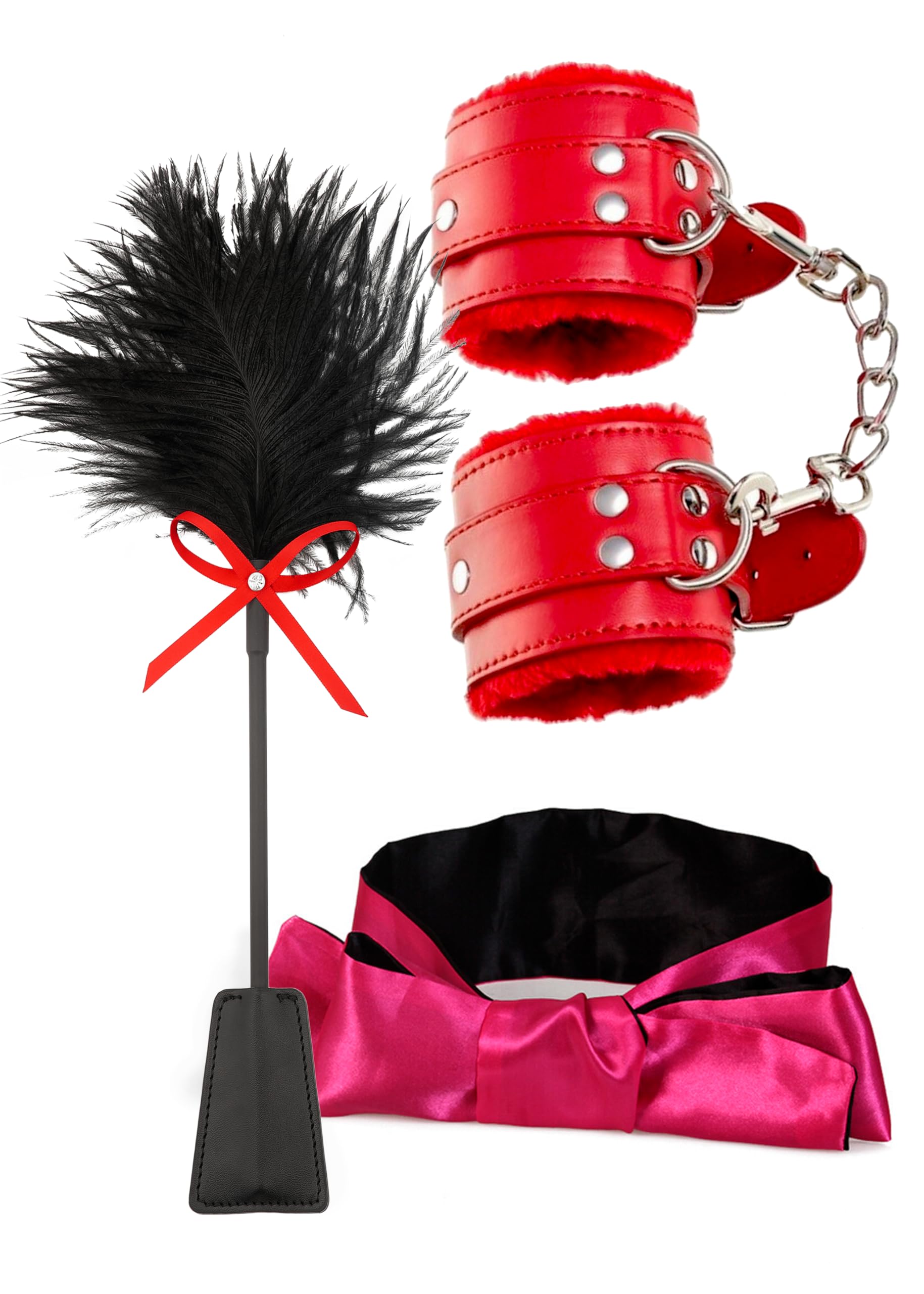 Sensual Feather Tickler - Adjustable Adult Handcuffs with Chain - Soft Satin Sleep Mask - Furry BDSM Ankle Cuff for Couples Play & Role-Playing Scenes