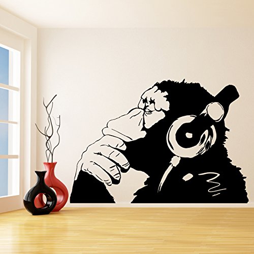 79'' x 55'' Banksy Monkey with Headphones Vinyl Wall Decal - Street Art Graffiti Sticker for Home & Office Decor | Music Lover Gift, Urban Style Wall Art