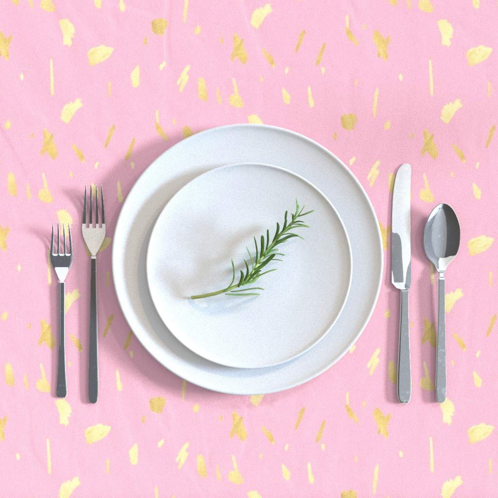 Custom Gold Paint Splatter Pink Cotton Sateen Tablecloth 70x108 Inches - Brush Painted Look Nursery Decor for Girls, Perfect for Baby Showers, Birthday Parties & Dining Room Decorations
