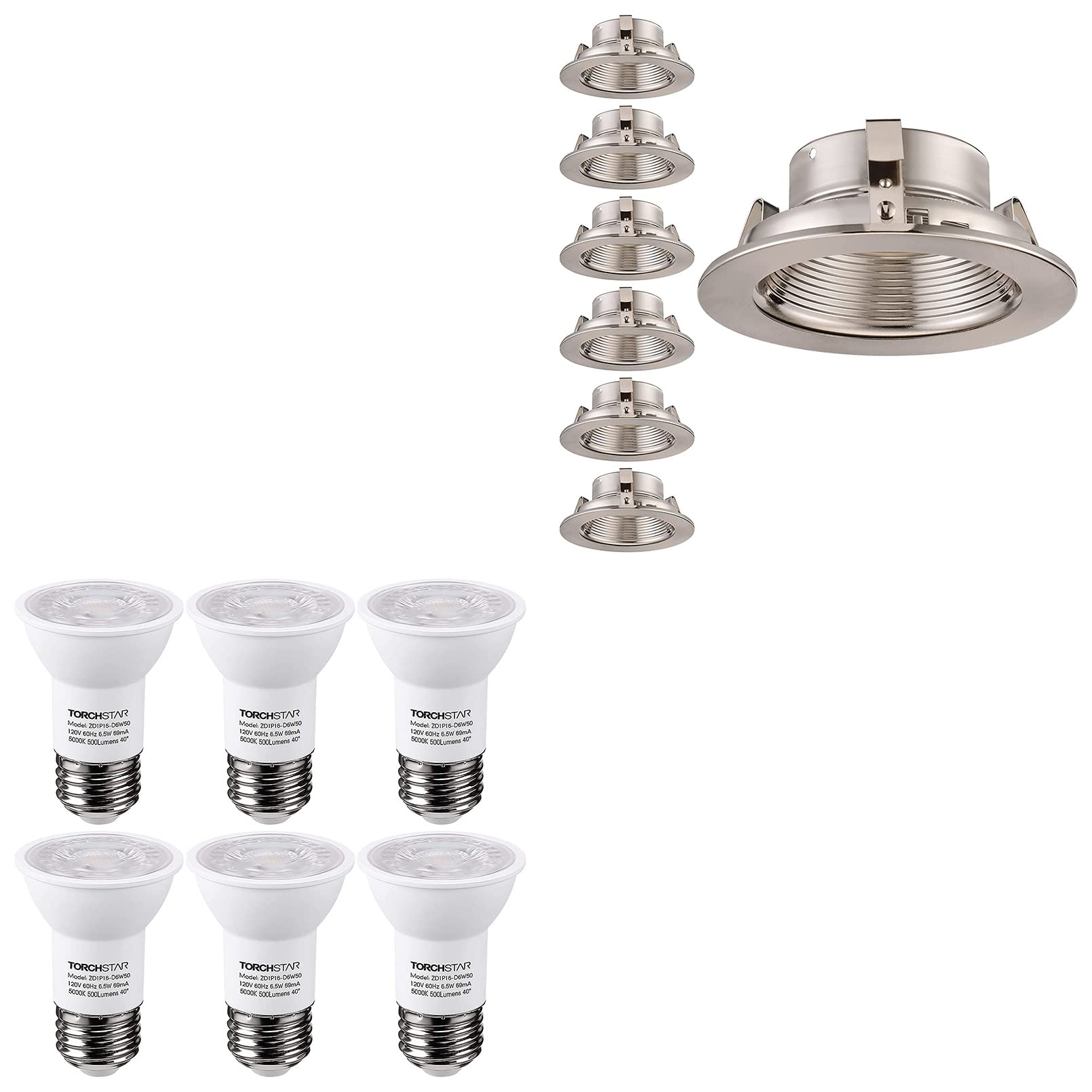 TORCHSTAR 6 Pack PAR16 LED Bulb Bundle - 4 Inch Recessed Light Trim - Energy Efficient Dimmable Bulbs for Home, Kitchen, and Commercial Lighting