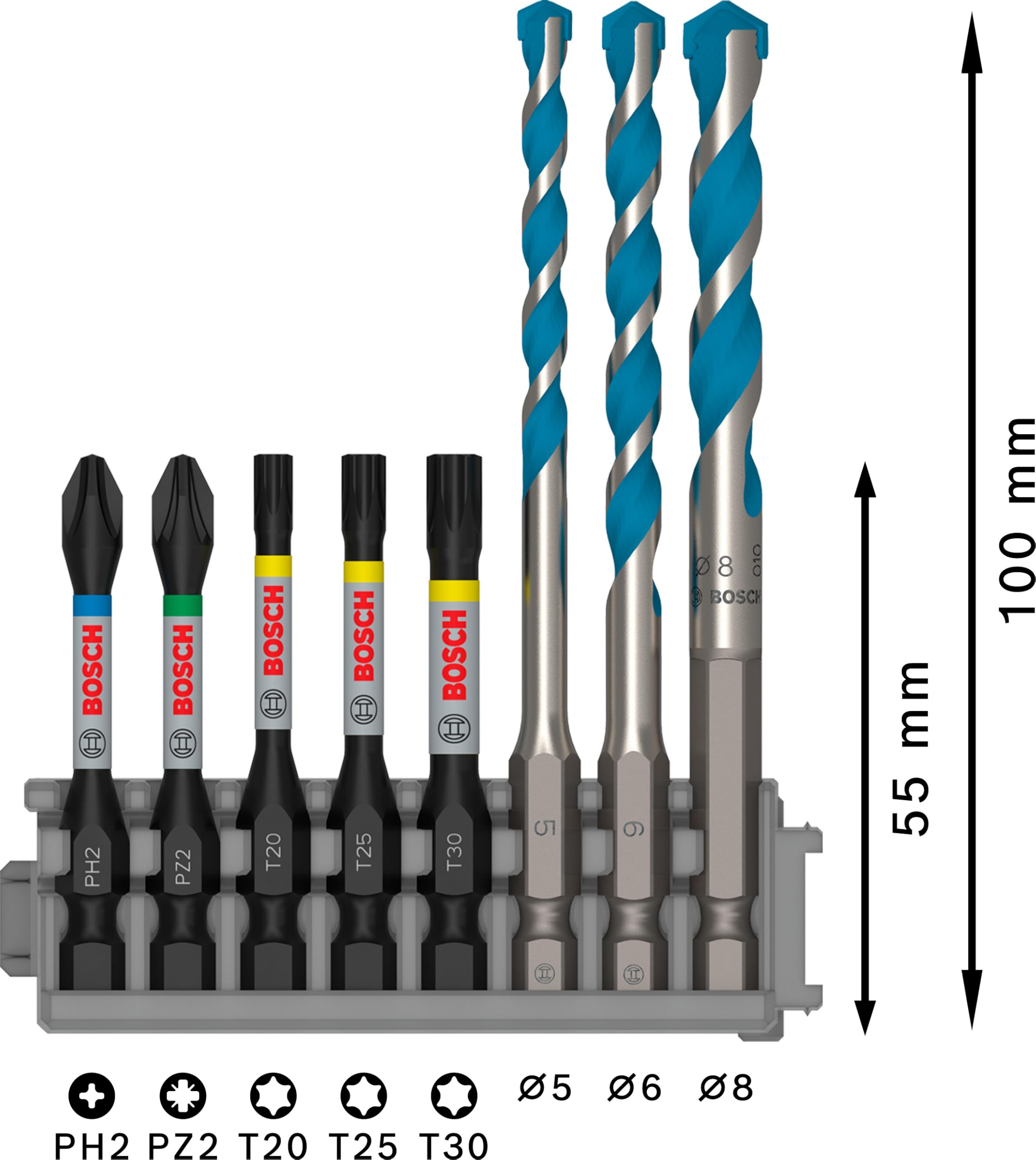 Bosch Professional 8-Piece Impact Screwdriver Bit Set with Multi-Purpose Drill Bits - HEX-9, 5/6/8mm Sizes - Ideal for DIY Projects, Home Repairs, and Professional Construction Work