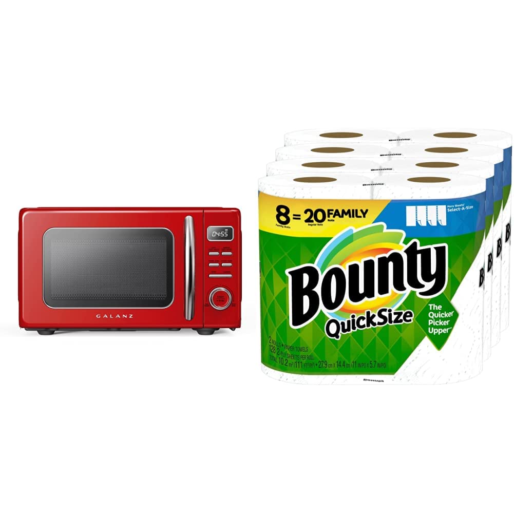 Galanz 0.9 cu ft Retro Red Countertop Microwave Oven - Compact Space-Saving Design for Small Kitchens, Dorms & Offices | Bounty White Quick Size Paper Towels 8 Family Rolls (4 Packs of 2) - Ultra Absorbent for Spills, Cleaning & Everyday Household Use