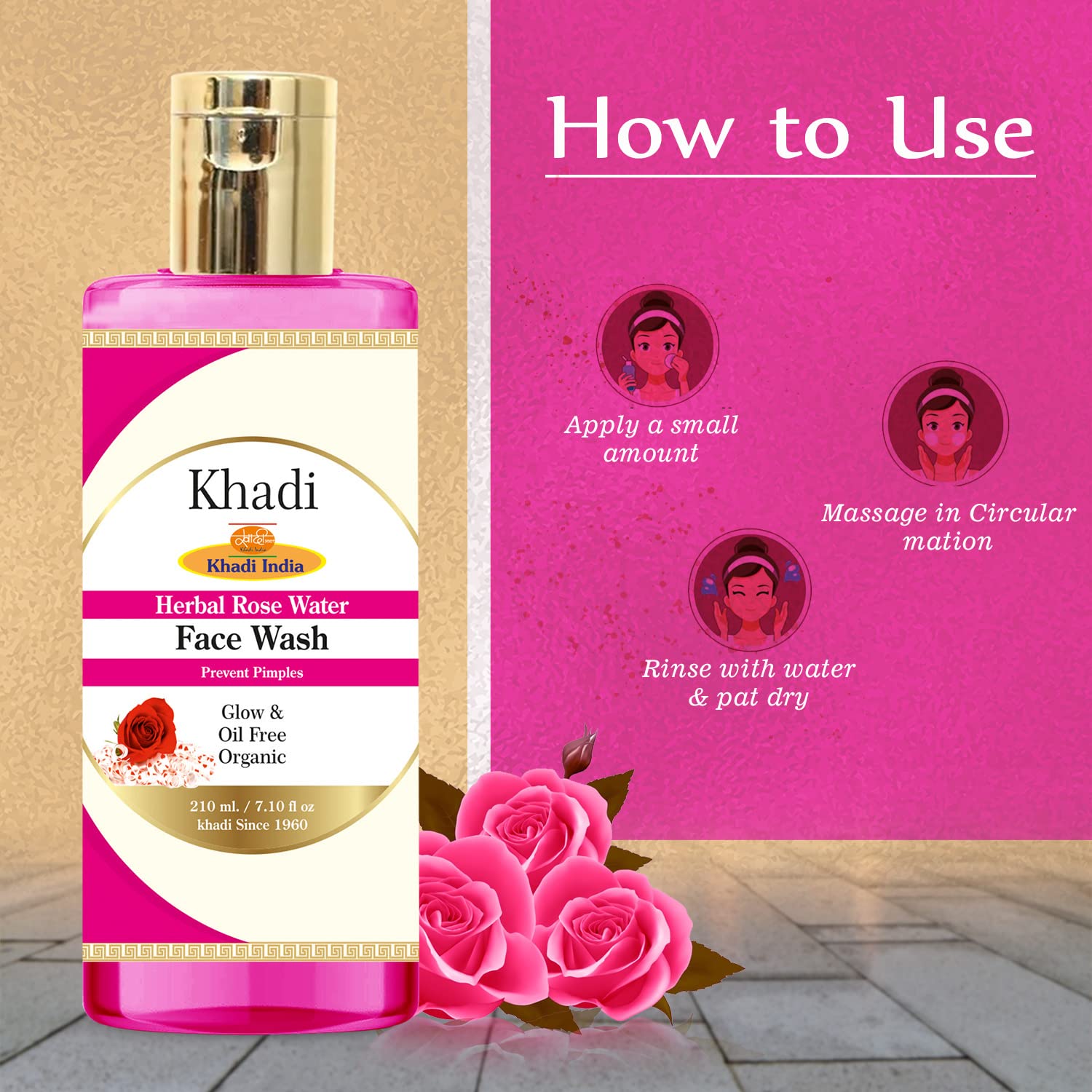 Khadi Herbal Rose Water Face Wash - 210ml (Pack of 4) | Natural & Organic Cleanser for Glowing Skin | Perfect for Daily Skincare Routine & Makeup Removal