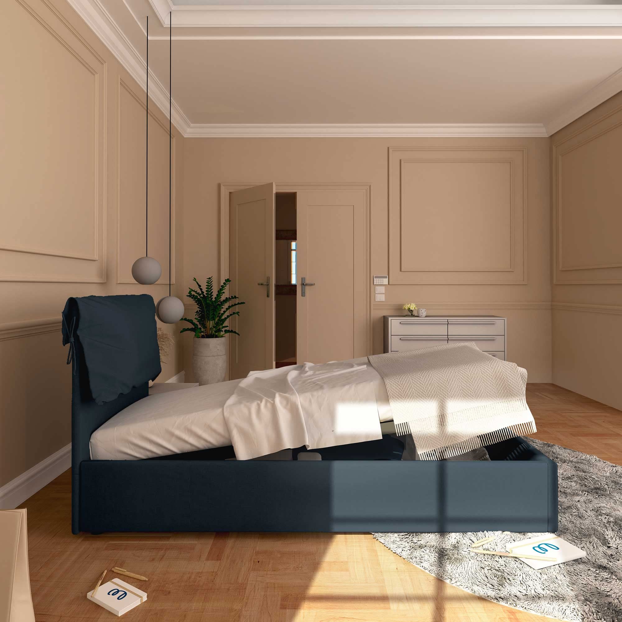 Baldiflex Single Bed Frame with Storage - Licia Soft Synthetic Leather, Slatted Base for Single Mattress, 90 x 200 cm, Padded Headboard, Night Blue - Perfect for Small Bedrooms, Guest Rooms & Studio Apartments