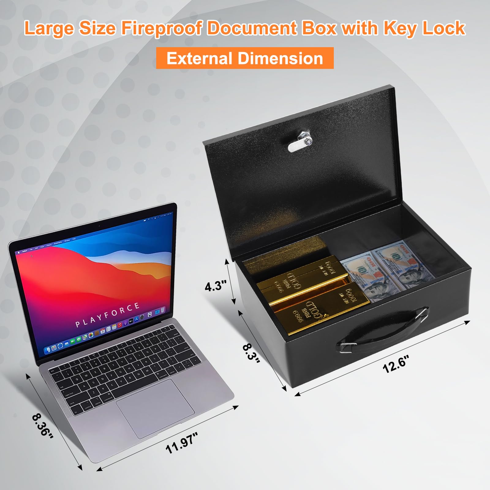 Fireproof Document Box with Key Lock - Waterproof Safe Storage for Passport, Jewelry, Cash & Important Papers (12.6