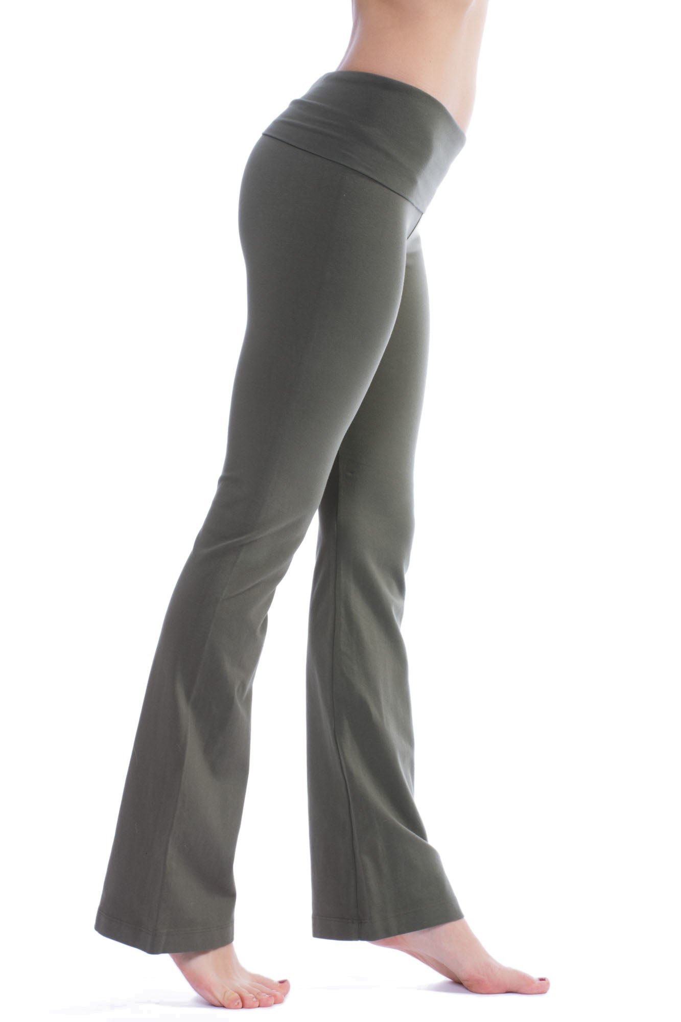 Hard Tail Forever Women's Roll Down Boot Leg Yoga Pants (Style 330) - Olive Green for Yoga, Workout & Casual Wear
