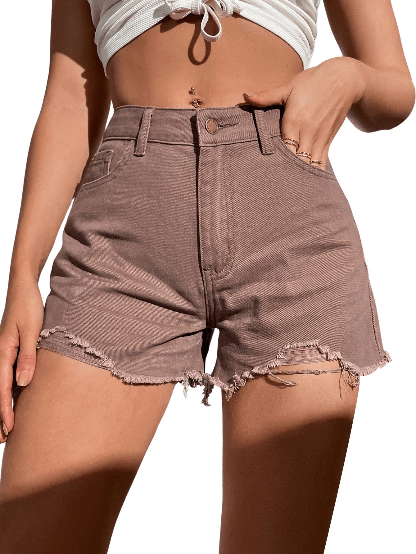 SweatyRocks Women's High Waist Distressed Denim Shorts with Pockets - Raw Hem Ripped Casual Jean Shorts in Mocha Brown (Size 29) | Perfect for Summer Outfits, Beach Vacations & Streetwear Fashion