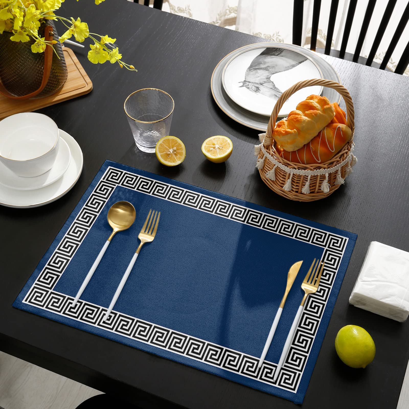 Modern Geometric Greek Key Design Placemats - Set of 4 Navy Blue Washable Table Mats for Dining Room, Kitchen Decor, and Dinner Table Settings