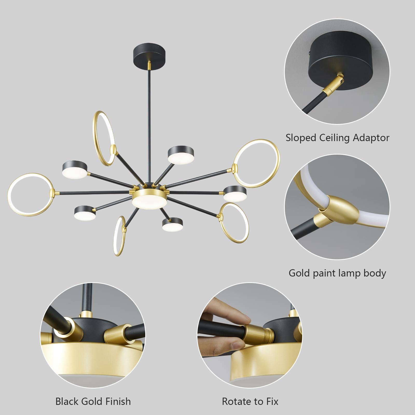 Modern Black & Gold LED Sputnik Chandelier - 11-Light Farmhouse Pendant Lighting Fixture for Dining Room, Bedroom, Living Room & Kitchen | Energy Efficient Dimmable Ceiling Light for Home Decor