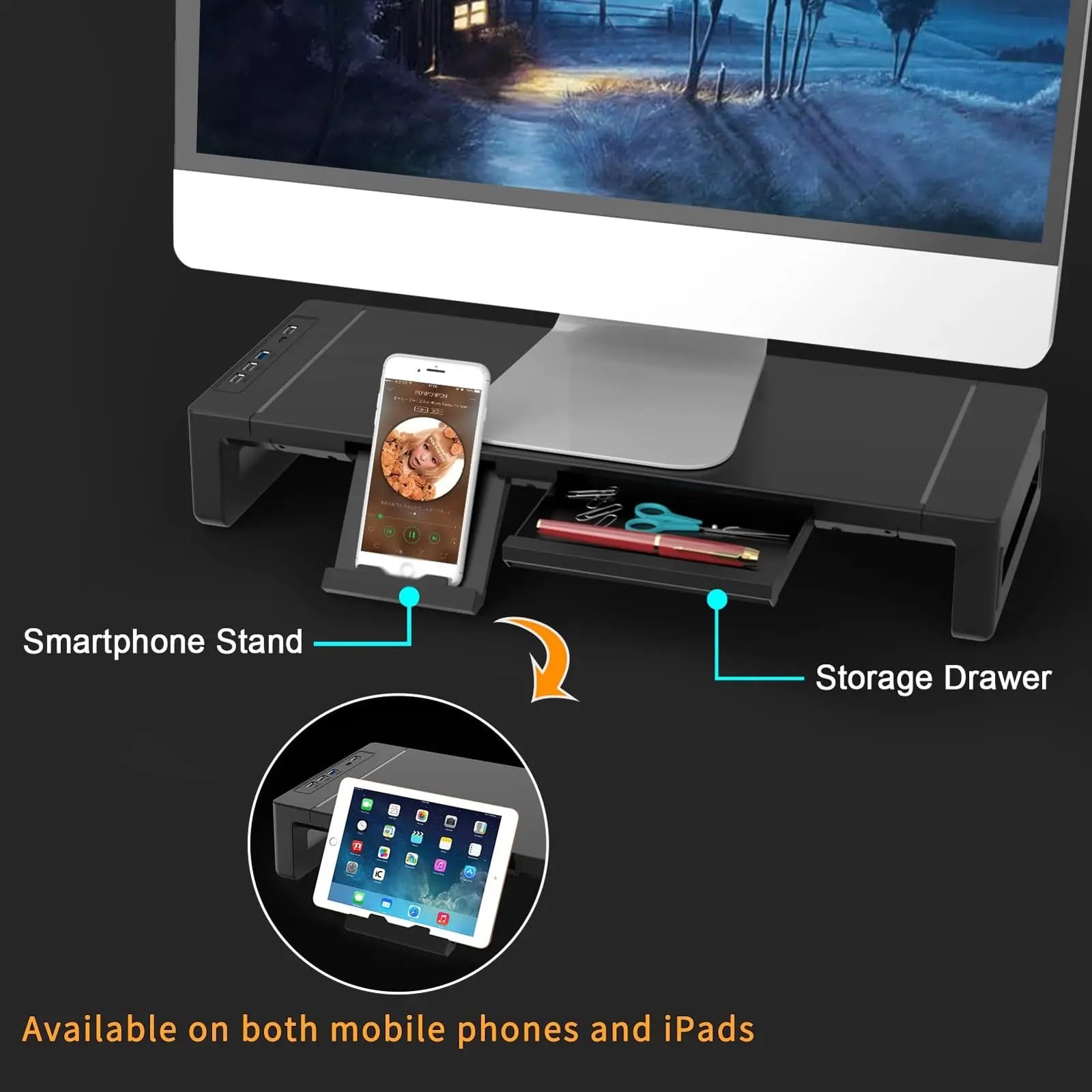 IGERCN Black Laptop Monitor Stand with USB 3.0 Port & Storage Drawer - Ergonomic Computer Screen Riser for Desk Organization, Perfect for Home Office & Gaming Setup