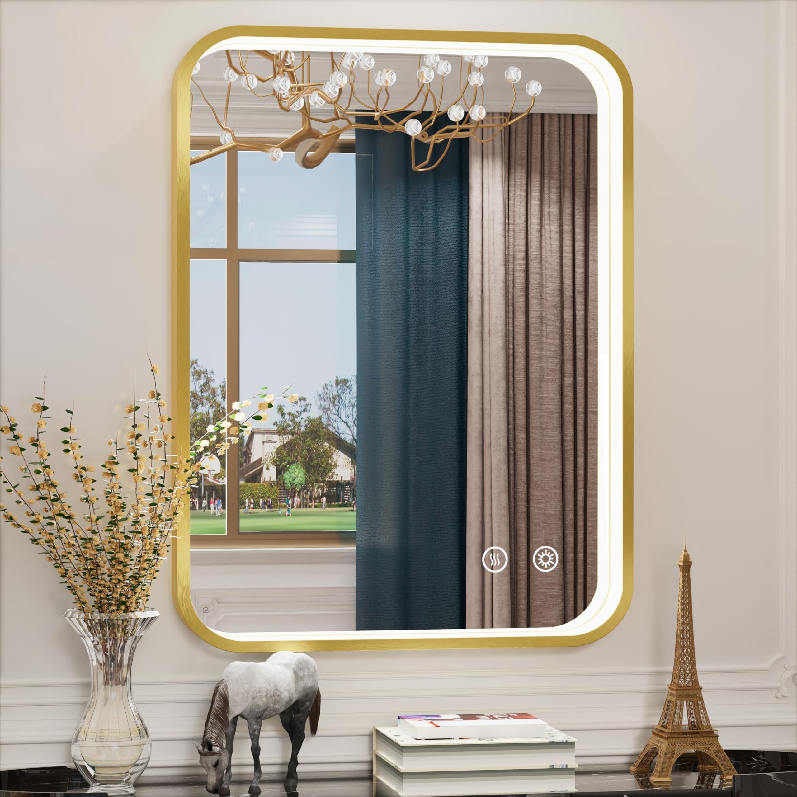 24x32 Inch LED Bathroom Mirror with Lights - Gold Framed Vanity Mirror with Anti-Fog & Dimmable Memory Function - Wall Mounted for Horizontal or Vertical Installation - Perfect for Modern Bathrooms, Makeup Vanity & Home Decor