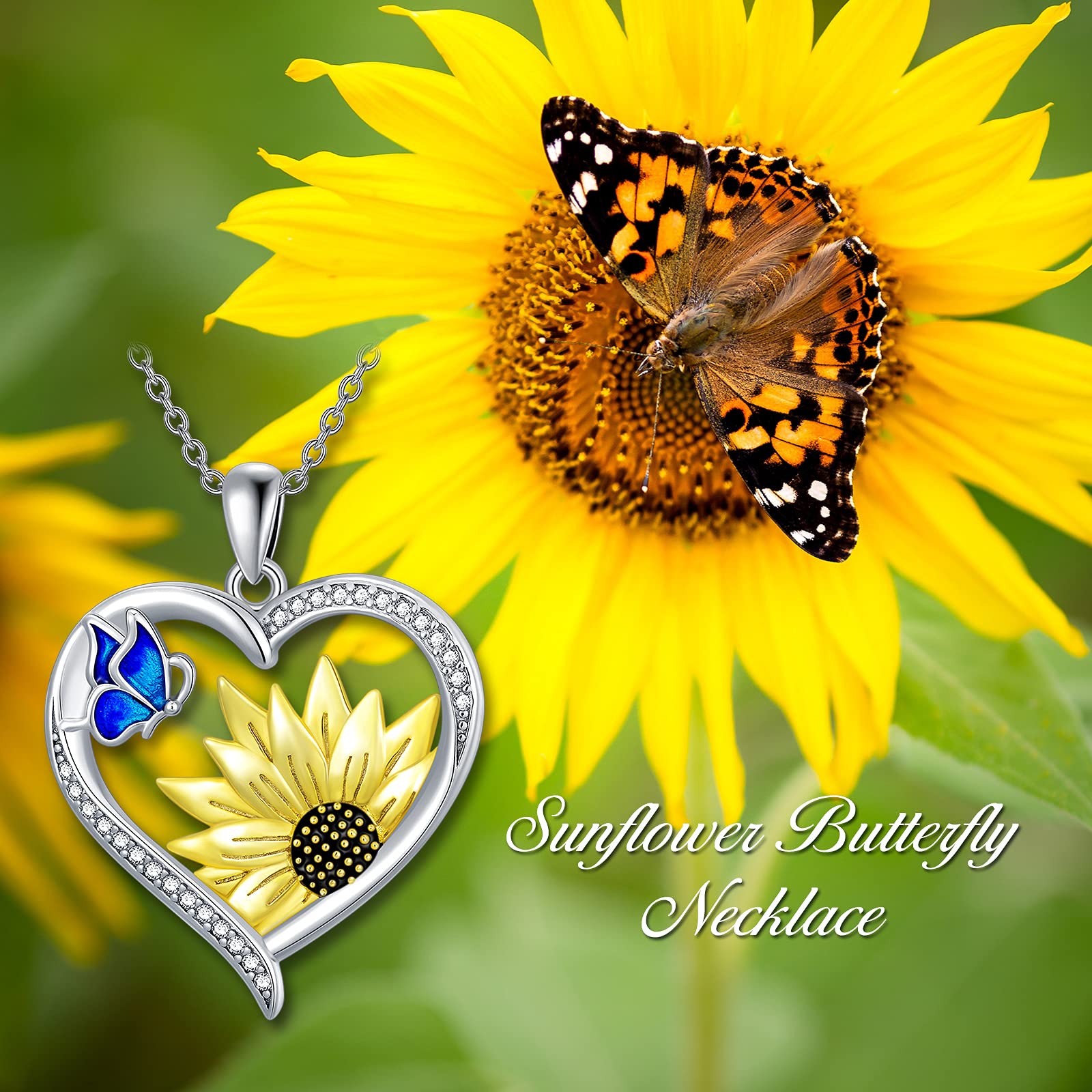 Blue Butterfly Sunflower Teardrop Necklace - Sterling Silver Floral Pendant Jewelry for Women - Perfect for Weddings, Anniversaries & Everyday Elegance