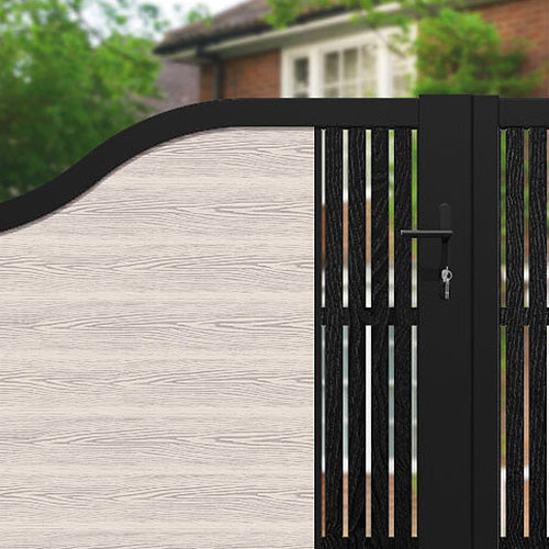 Classic Aspen Curved Top Driveway Gate - Mid Stone Design with Middle Screen | Elegant Residential & Commercial Property Entrance Solution for Enhanced Security and Curb Appeal