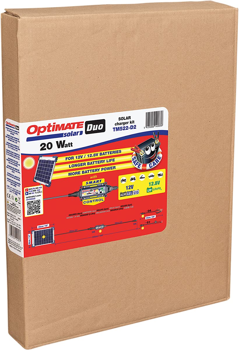 Optimate Solar Duo TM522-D2 12V/12.8V 1.6A Weatherproof Solar Battery Charger & Maintainer - 6-Step Smart Charging for Cars, Motorcycles, Boats & RV Batteries in All Weather Conditions