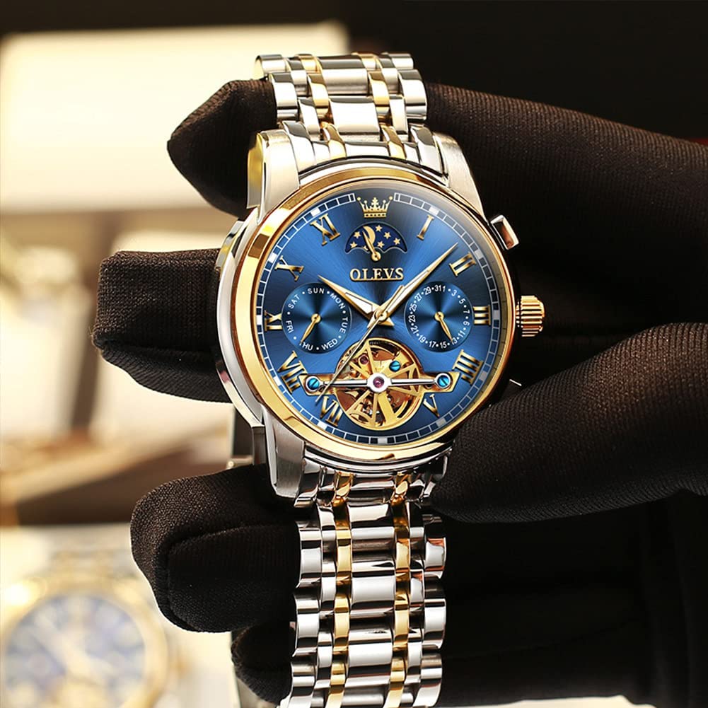 OLEVS Men's Automatic Mechanical Tourbillon Watch - Self-Winding Luxury Stainless Steel Waterproof Wristwatch with Luminous Hands & Date Display | Perfect for Business, Formal Events & Everyday Wear