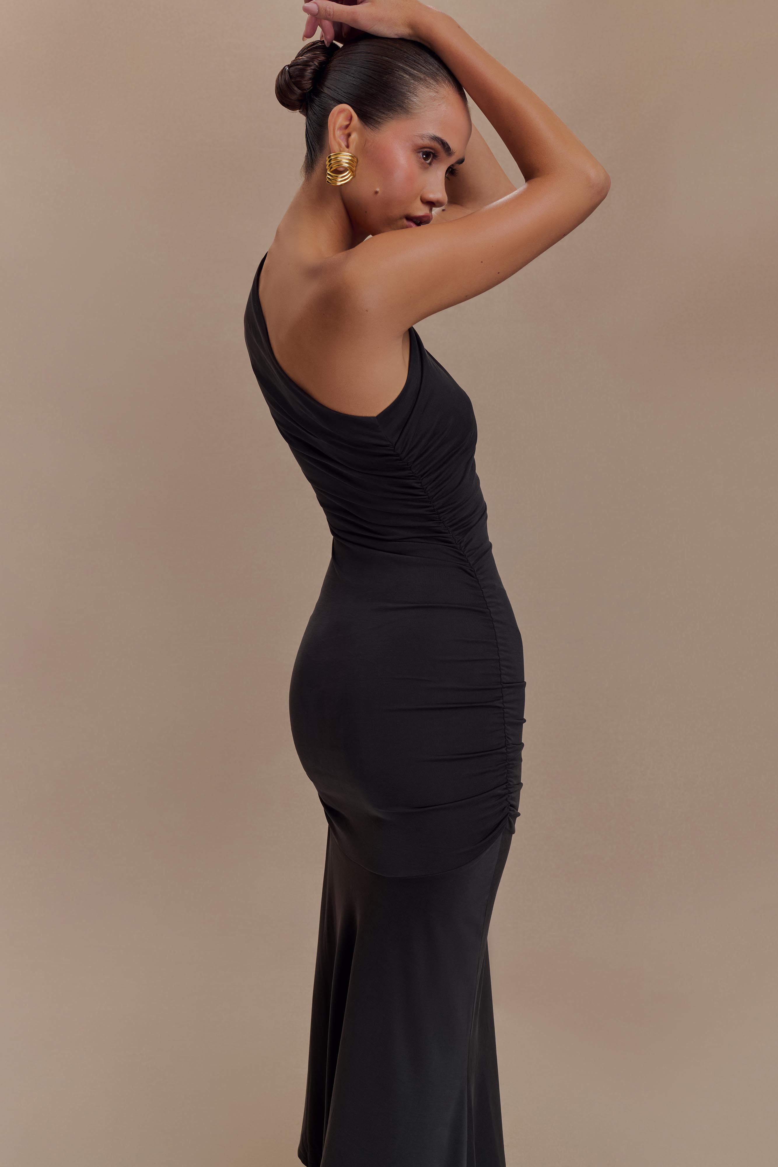 Chloe Peached Jersey One Shoulder Midi Dress - Black | Elegant Women's Party & Evening Wear for Special Occasions