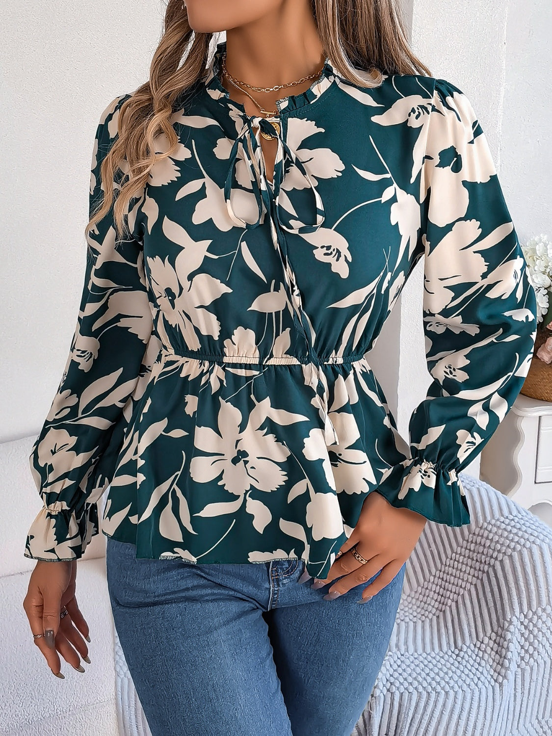 Printed Tie Neck Flounce Sleeve Blouse for Women - Elegant Floral Summer Tops - Perfect for Office, Date Night & Special Occasions