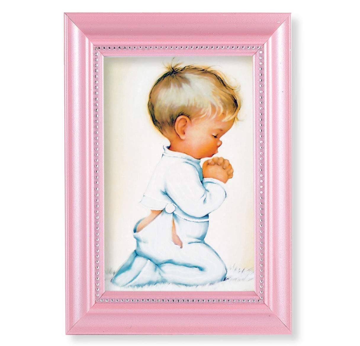 Praying Boy Picture in Pearlized Pink 5.5x7 Inch Frame with Beaded Lip - Glass Protected Wall Art for Home, Office & Church Decor
