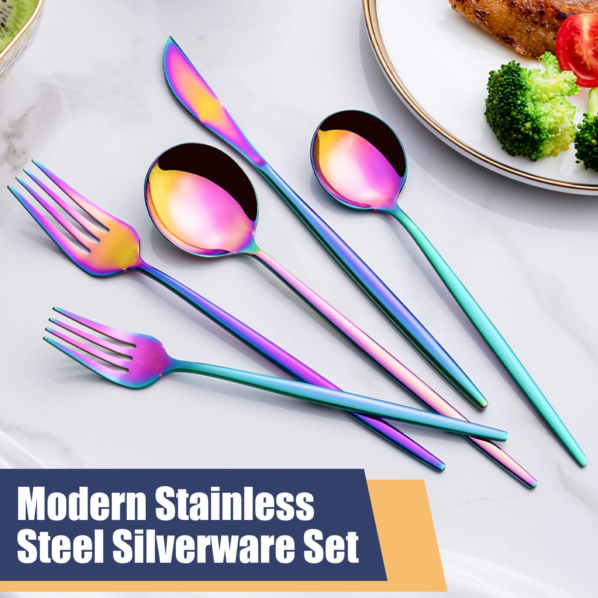 20-Piece Rainbow Stainless Steel Flatware Set - Forks, Spoons & Knives for 4 - Elegant Cutlery Set for Home & Restaurant Use - Dishwasher Safe - Perfect for Dinner Parties, Weddings & Everyday Dining