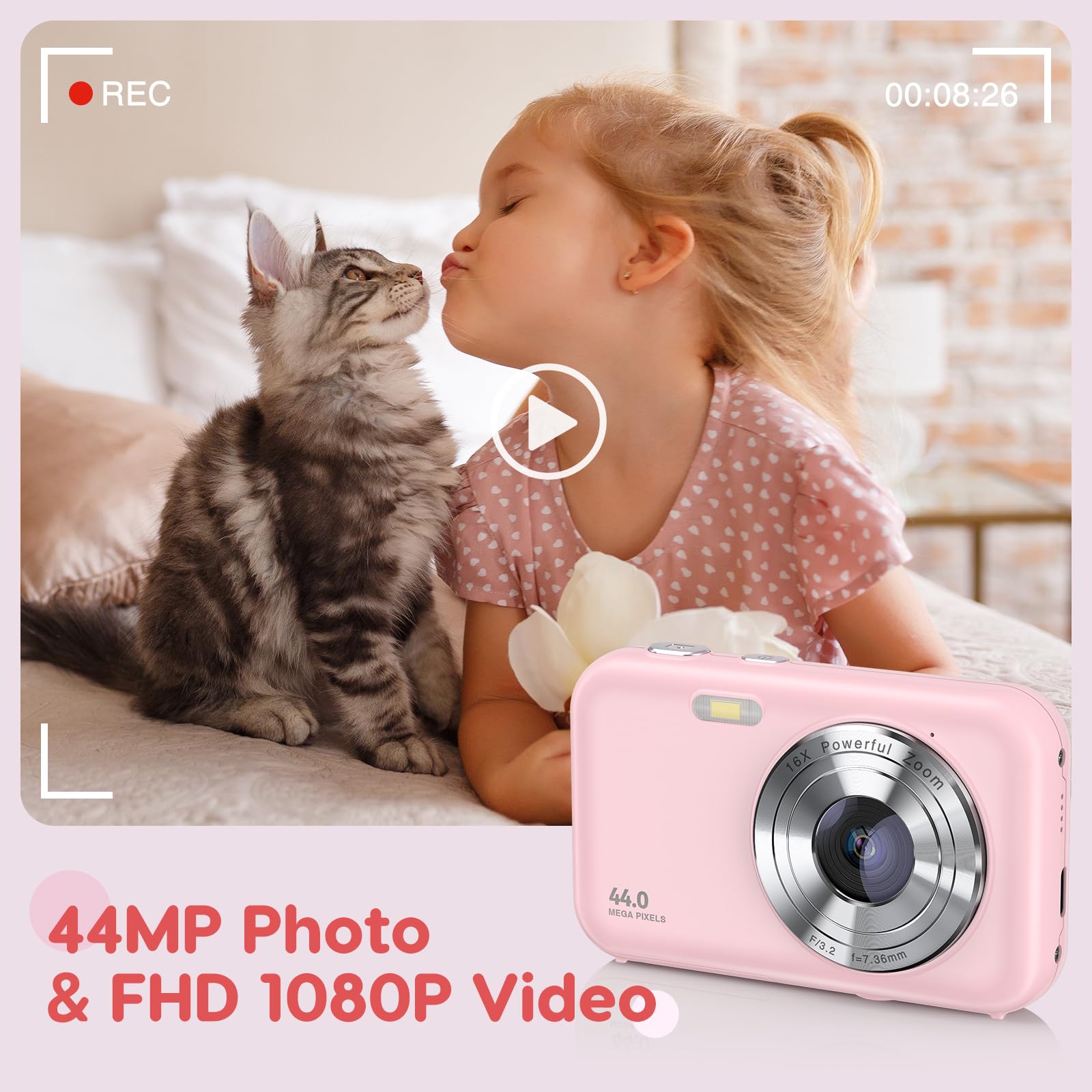 44MP Digital Camera for Kids - 1080P FHD Point and Shoot Camera with 16X Zoom, 32GB Card & 2 Batteries - Compact Portable Photography Camera Gift for Boys Girls Students Teens (Pink) - Perfect for Travel, Birthday Parties & School Projects