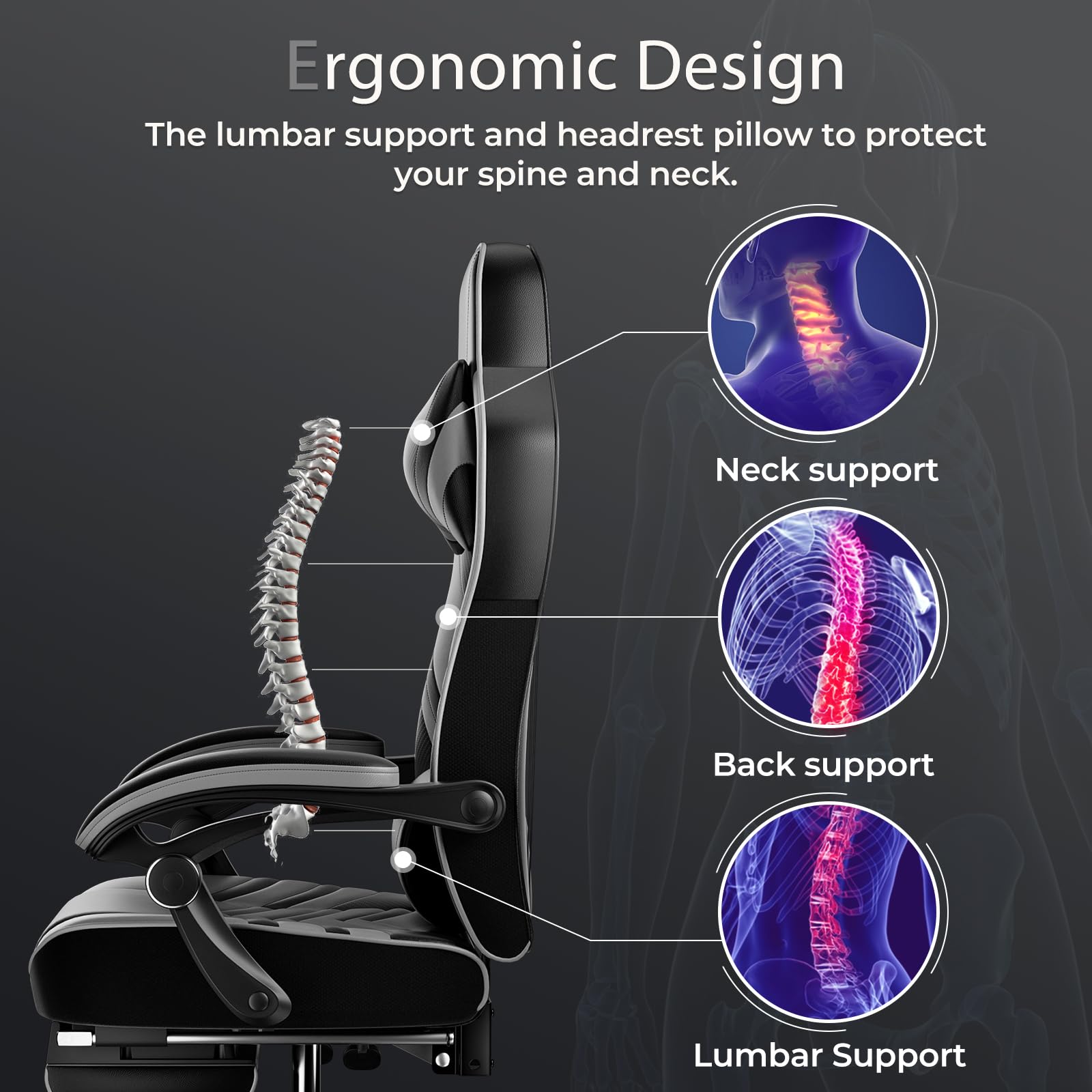 **Powerstone Ergonomic Gaming Chair with Adjustable Lumbar Support & Footrest - PU Leather Racing Style Computer Chair for Office & Home Gaming - Gray**    *(Perfect for Esports, Streaming, Work from Home & Long Gaming Sessions)*