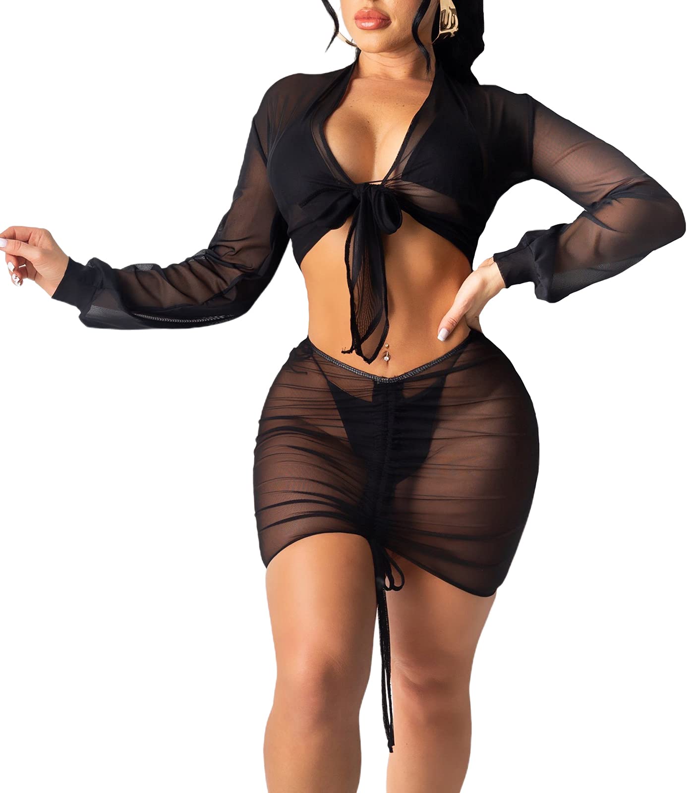 Women's Sheer Ruched Mesh Cover Up 2-Piece Outfit - Sexy Crop Top & Shorts Set for Beach, Pool Party & Summer Vacation