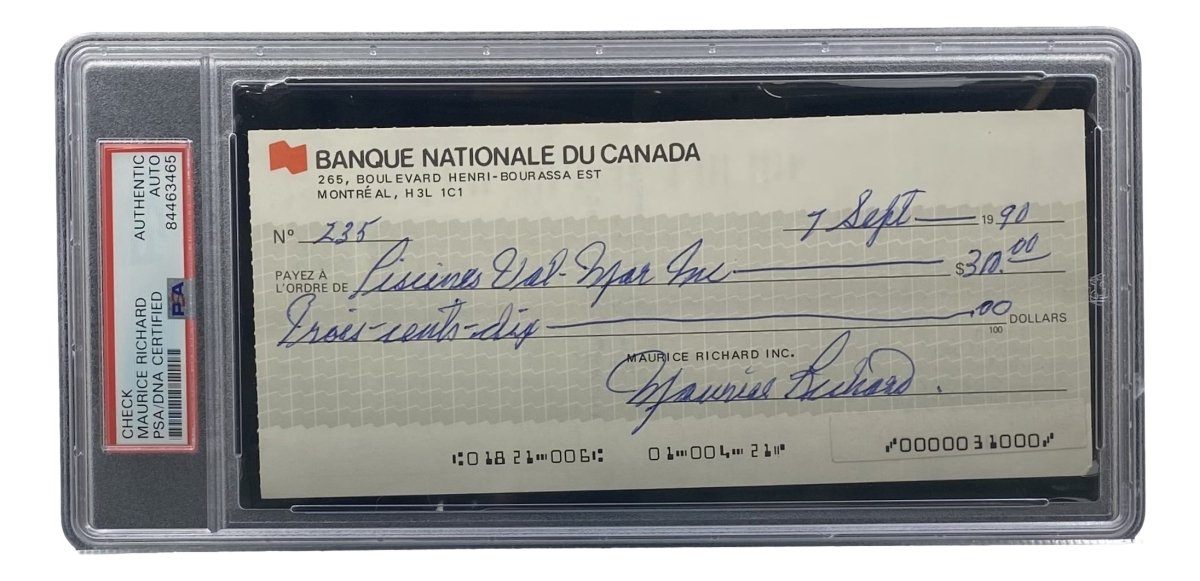 Maurice Richard Autographed Montreal Canadiens Hockey Bank Check #235 - PSA/DNA Certified Collectible - Perfect for NHL Memorabilia Displays & Sports Fan Gifts