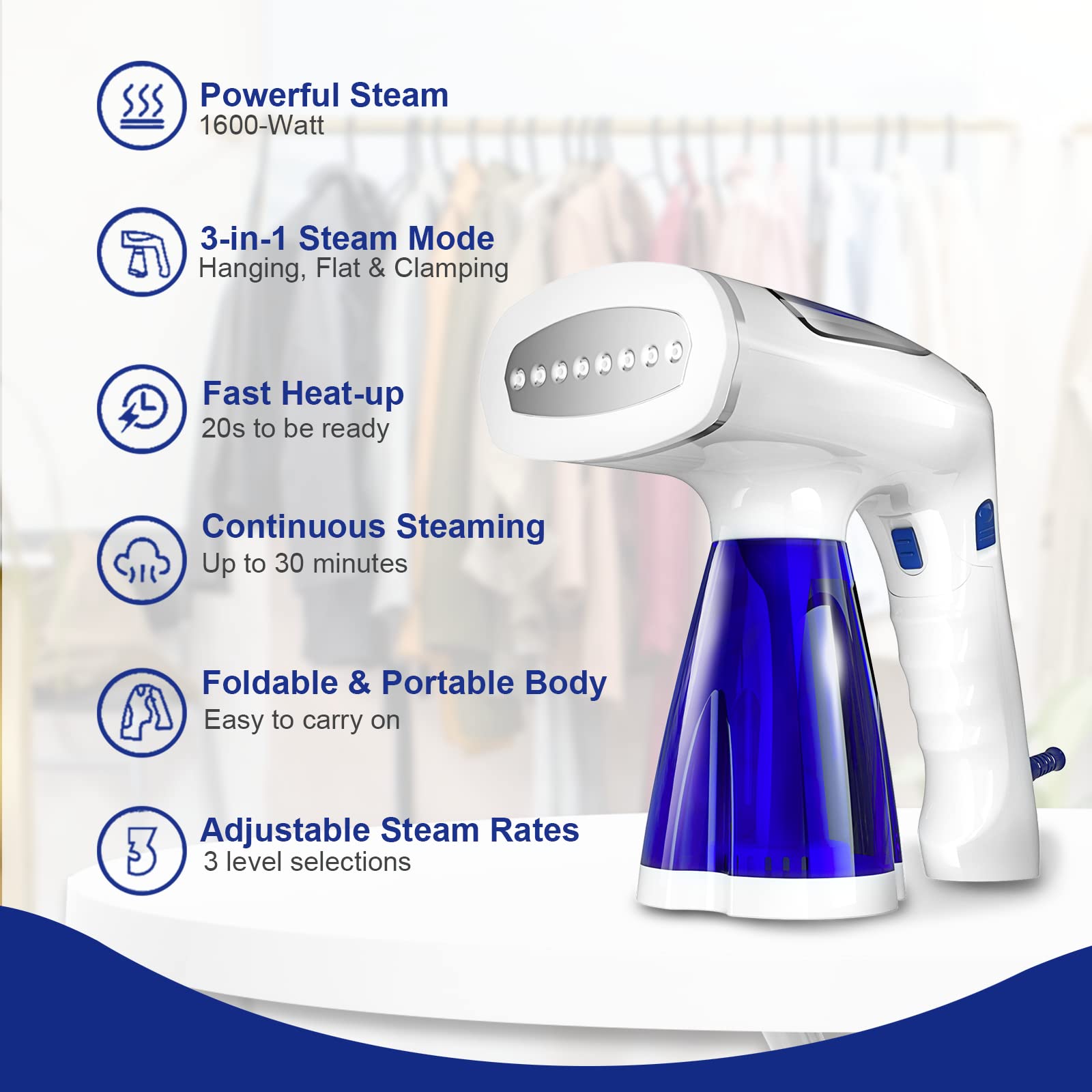 **Tekola 1600W Travel Garment Steamer - 250ml Large Water Tank, Fast Heat-Up, 3 Fabric Brushes & Wrinkle Remover - Perfect for Clothes, Suits, Dresses & Home/Office Use**